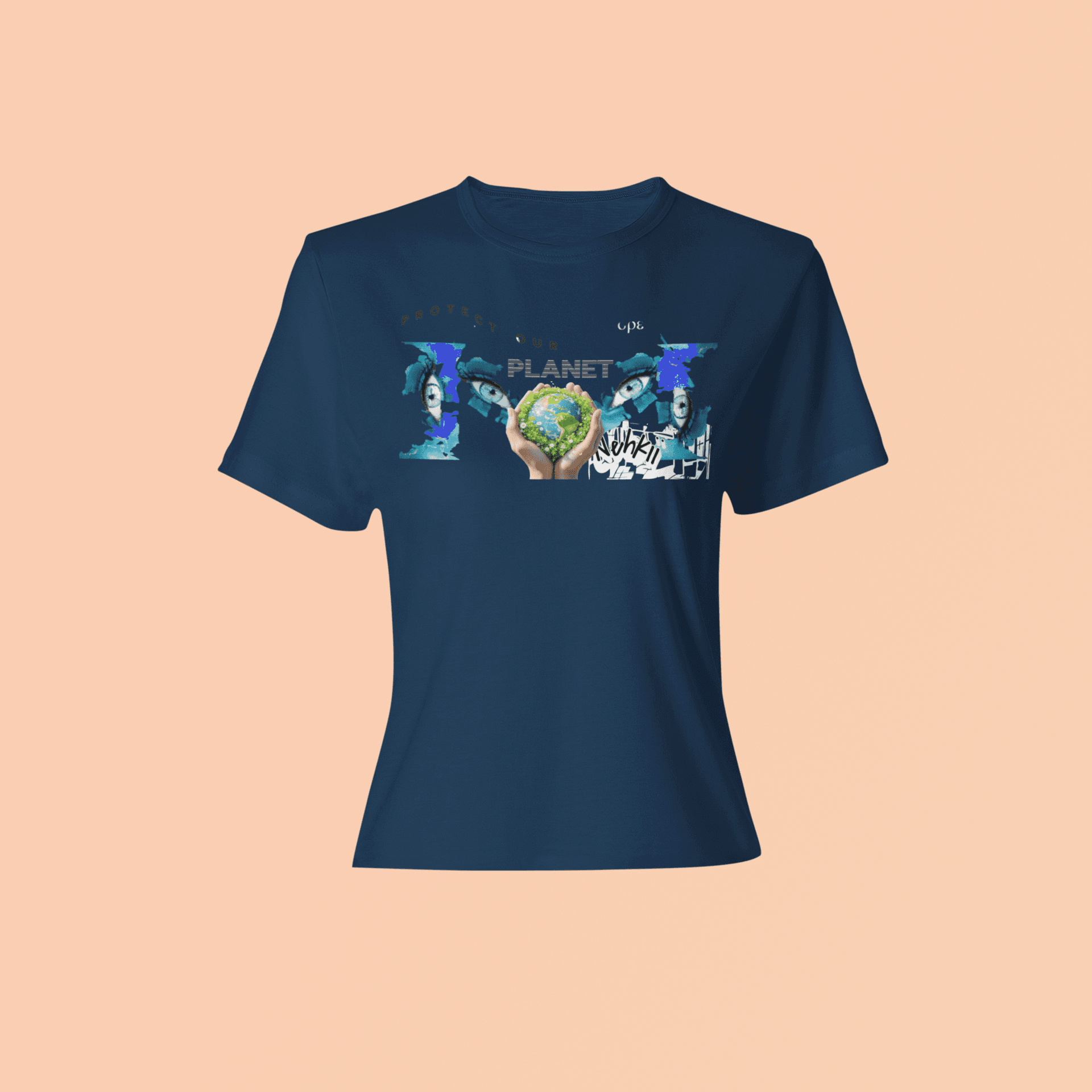 Eco-Friendly Men's T-Shirt - Be the Change in navy blue with climate action graphic. 100% cotton tee promoting sustainable fashion.