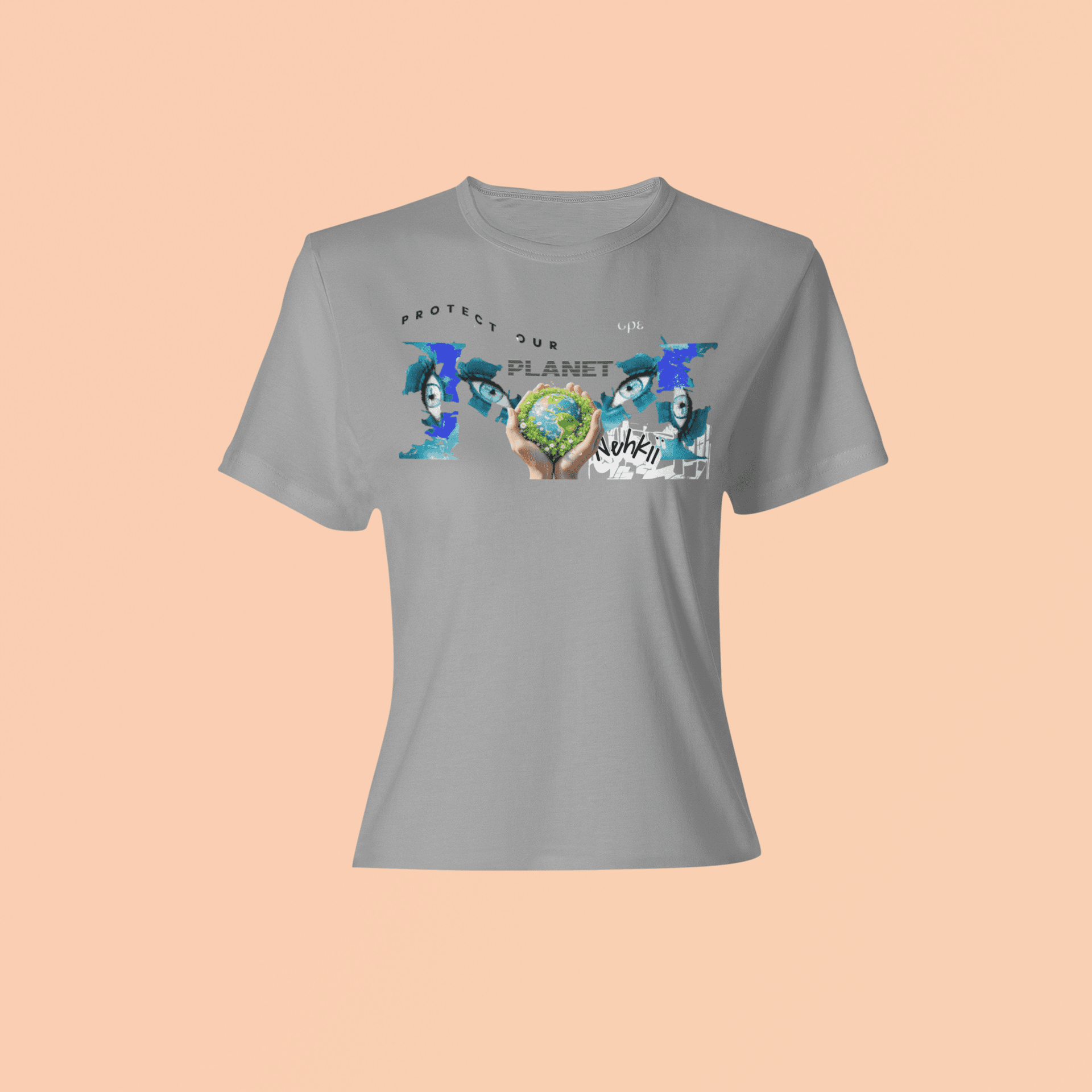 Eco-Friendly Men's T-Shirt - Be the Change in gray with vibrant planet protection design. Crafted from 100% cotton for eco-friendly comfort.