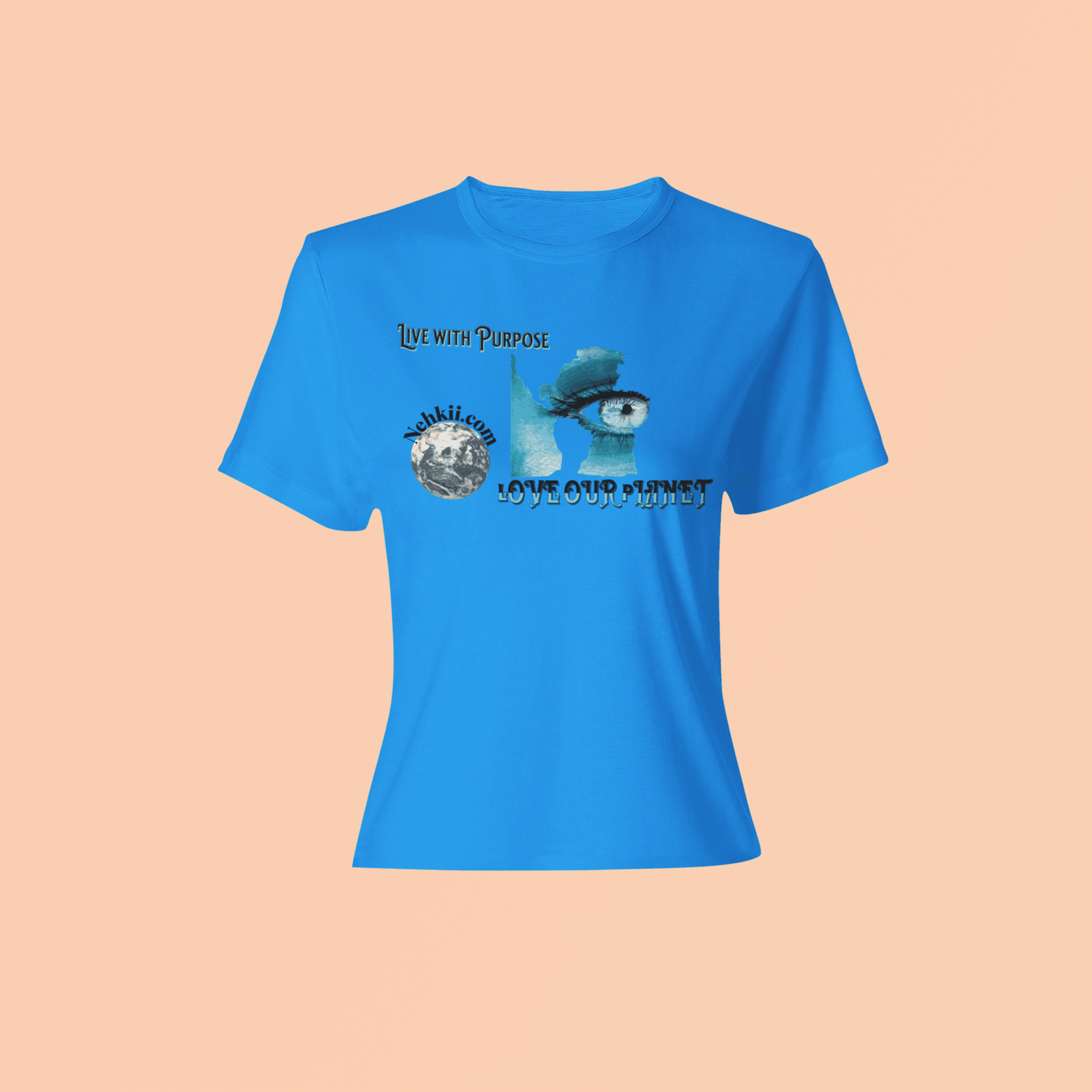 Blue eco-friendly men's t-shirt featuring 'Make Earth Smile Again' design with earth and bird graphics. Ideal for conscious fashion lovers.