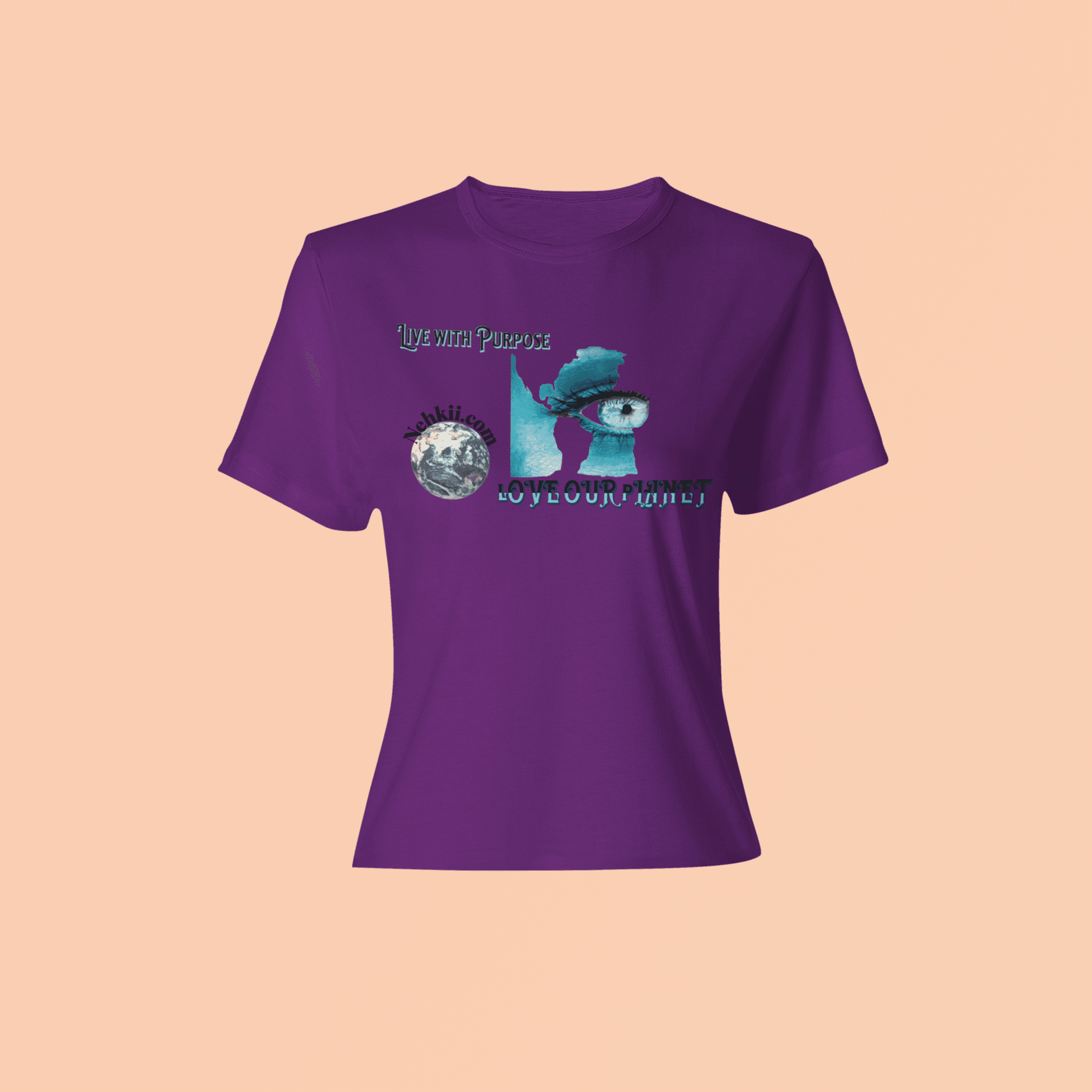 Purple eco-friendly men's t-shirt showcasing 'Make Earth Smile Again' message with environmental graphics. Stylish and sustainable choice.