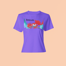 Purple breathable t-shirt with red and blue 'Love Our Planet' print. Eco-friendly apparel for mindful living.