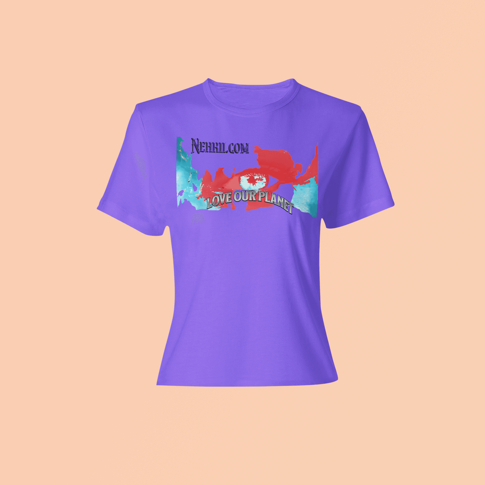 Purple breathable t-shirt with red and blue 'Love Our Planet' print. Eco-friendly apparel for mindful living.