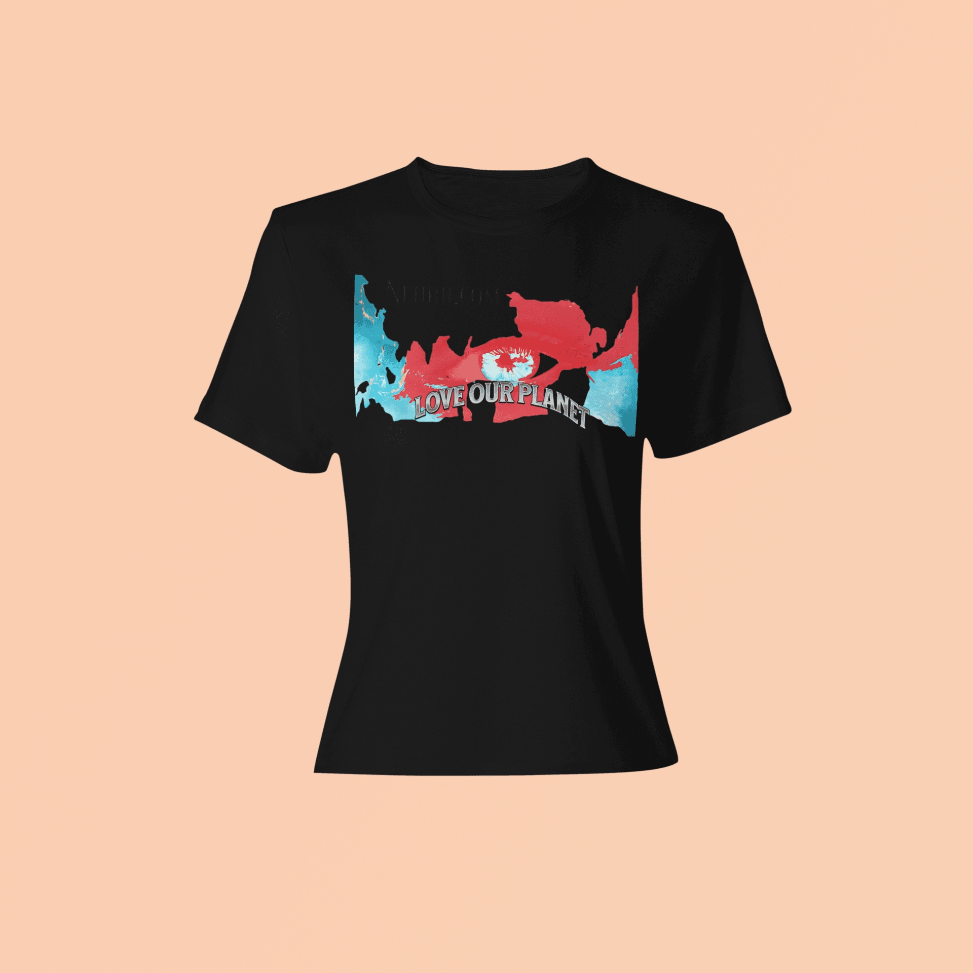 Black eco-friendly t-shirt with colorful 'Love Our Planet' design. A bold, breathable top for sustainable style lovers.