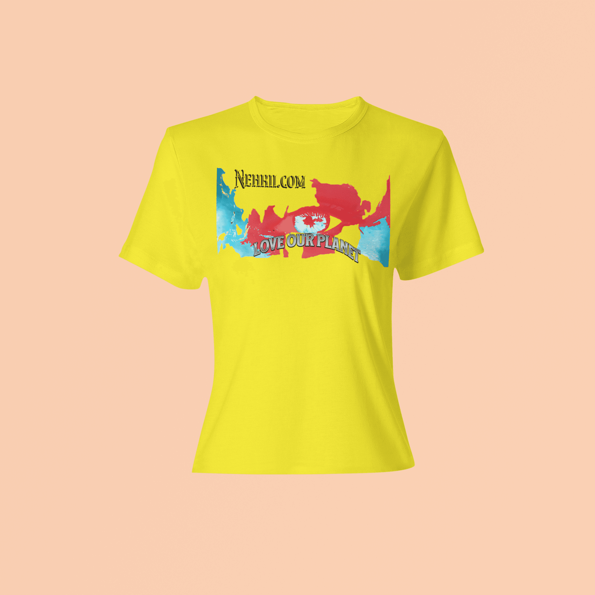 Yellow eco-conscious t-shirt with vibrant 'Love Our Planet' print. Breathable and ideal for sunny, sustainable days.