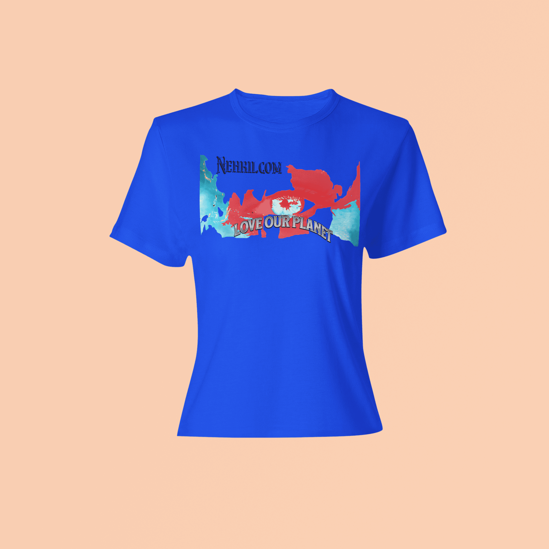 Blue eco-friendly t-shirt with colorful 'Love Our Planet' artwork. A stylish, breathable top for eco-conscious fashion.