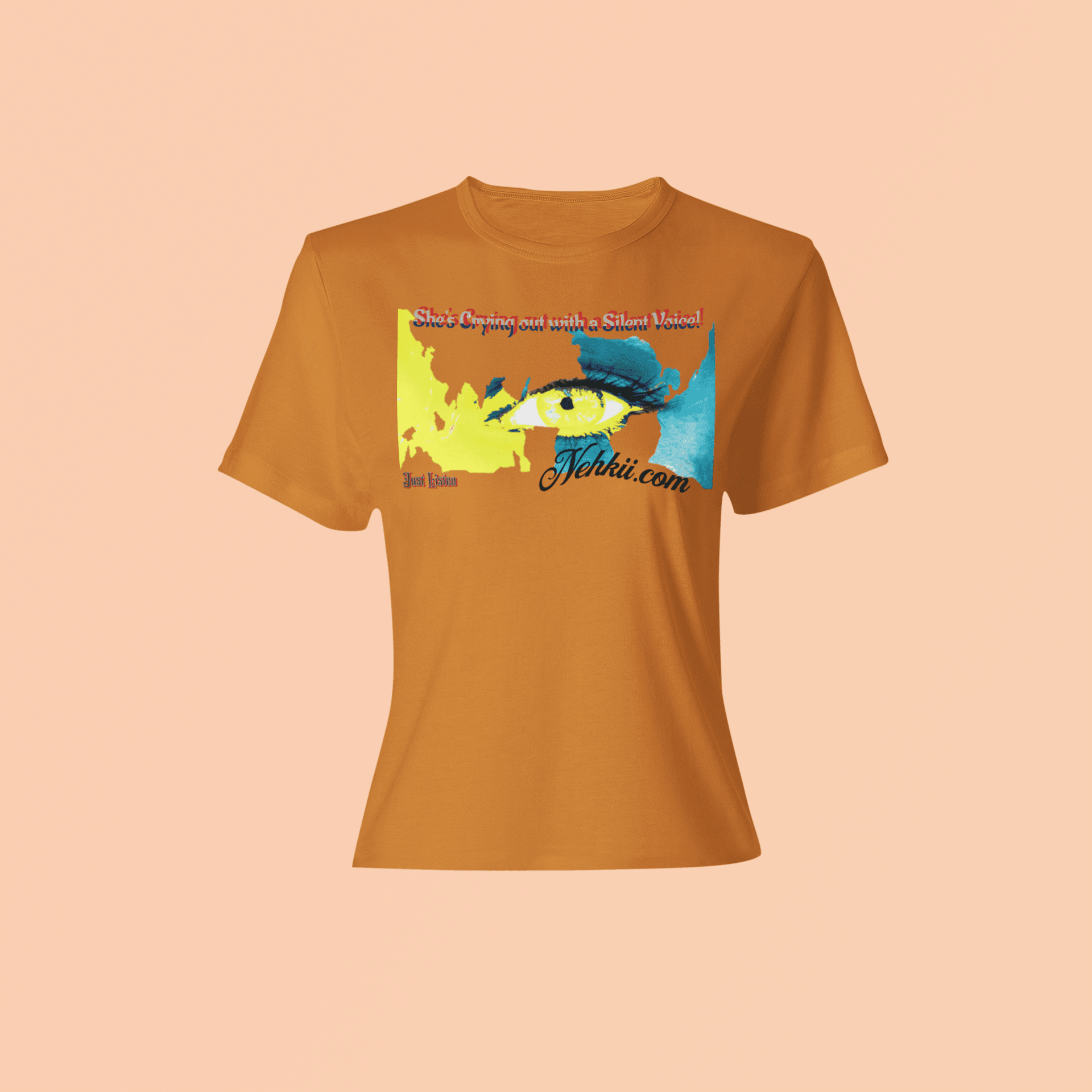 Orange Future T-Shirt - Sustainable | Unity & Inspiration with symbolic eye and liberty print, promoting awareness and impactful fashion choices.