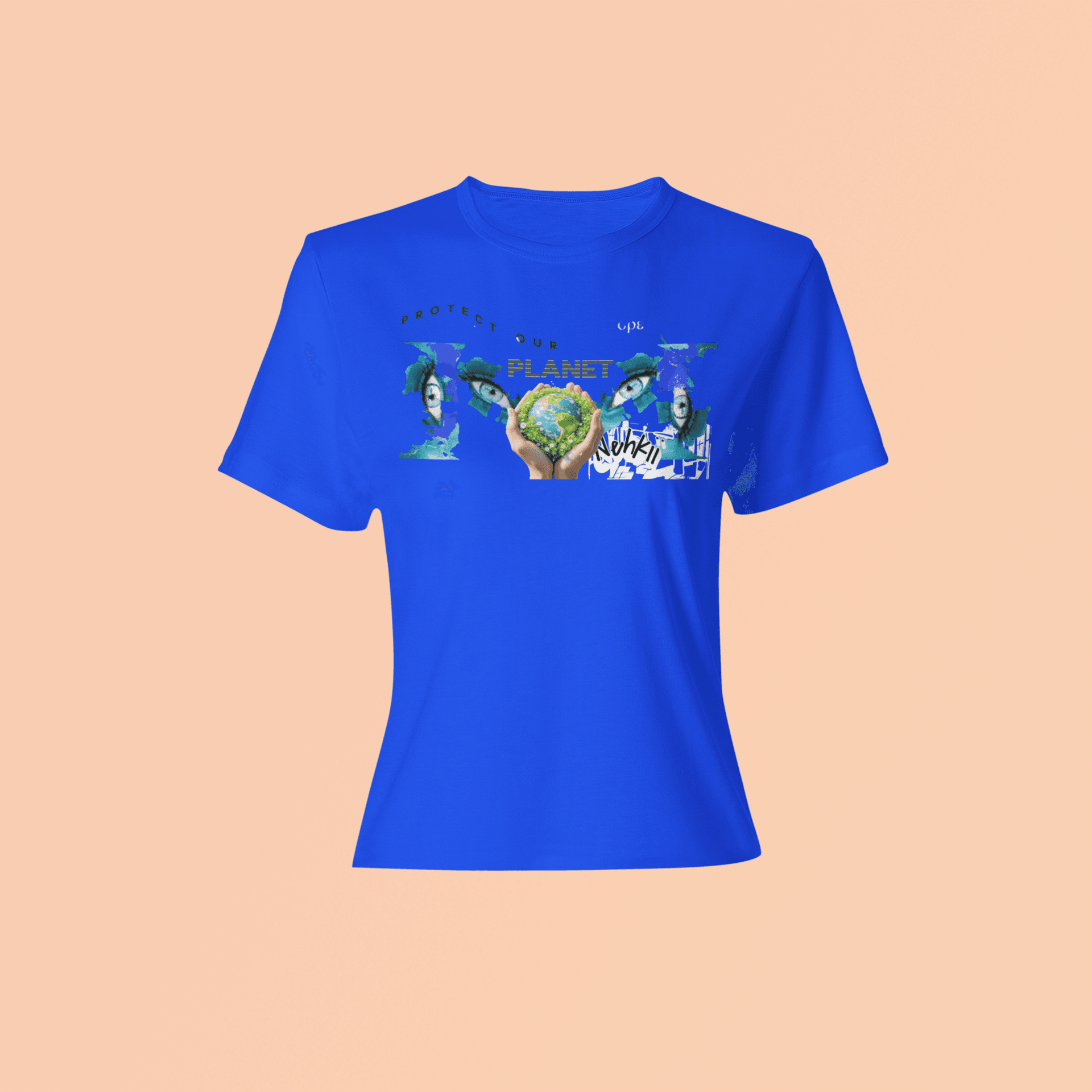 Eco-Friendly Men's T-Shirt - Be the Change in blue featuring bold environmental artwork. 100% cotton tee for eco-conscious wardrobes.
