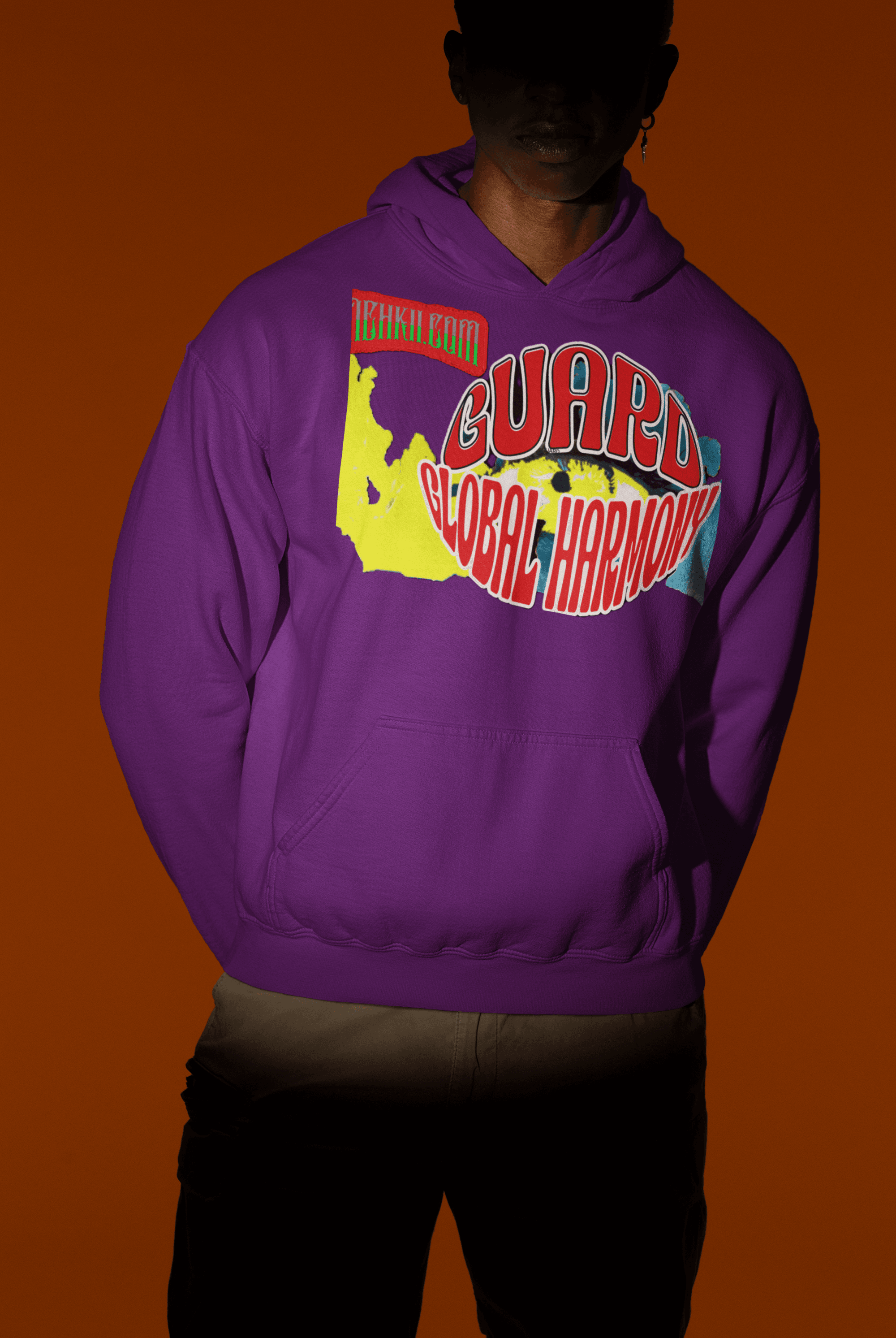 Purple eco-friendly cotton women’s crop hoodie with eye-catching 'Guard Global Harmony' graphic, ideal for sustainable streetwear looks.