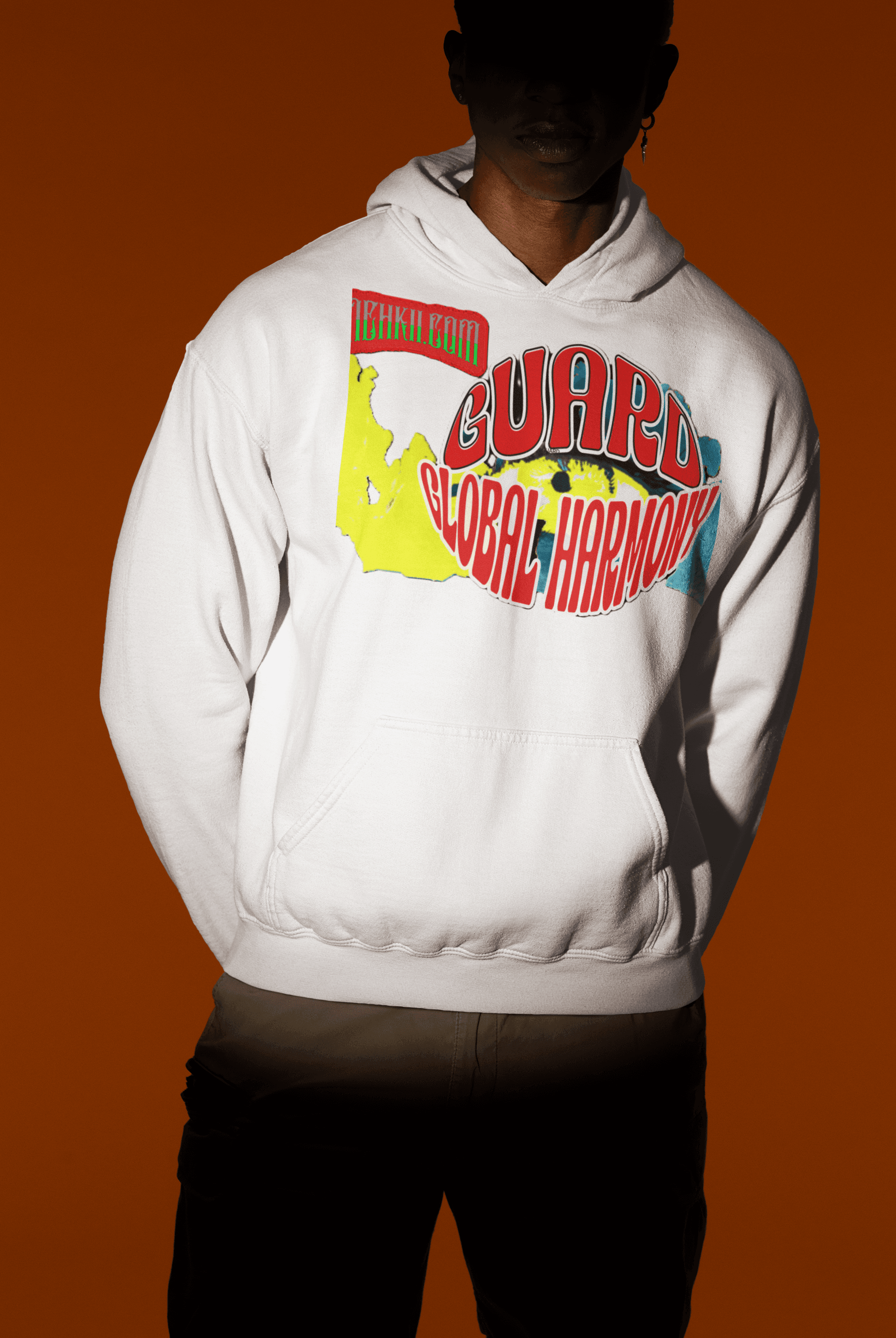 White eco-friendly cotton women’s crop hoodie with 'Guard Global Harmony' graphic, sustainable streetwear for ethical fashion lovers.