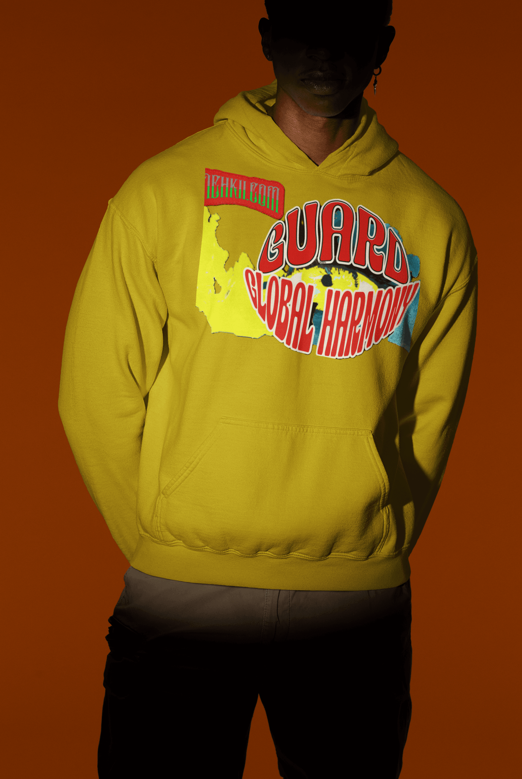 Yellow sustainable cotton women’s crop hoodie with colorful 'Guard Global Harmony' design, perfect for ethical and stylish streetwear.