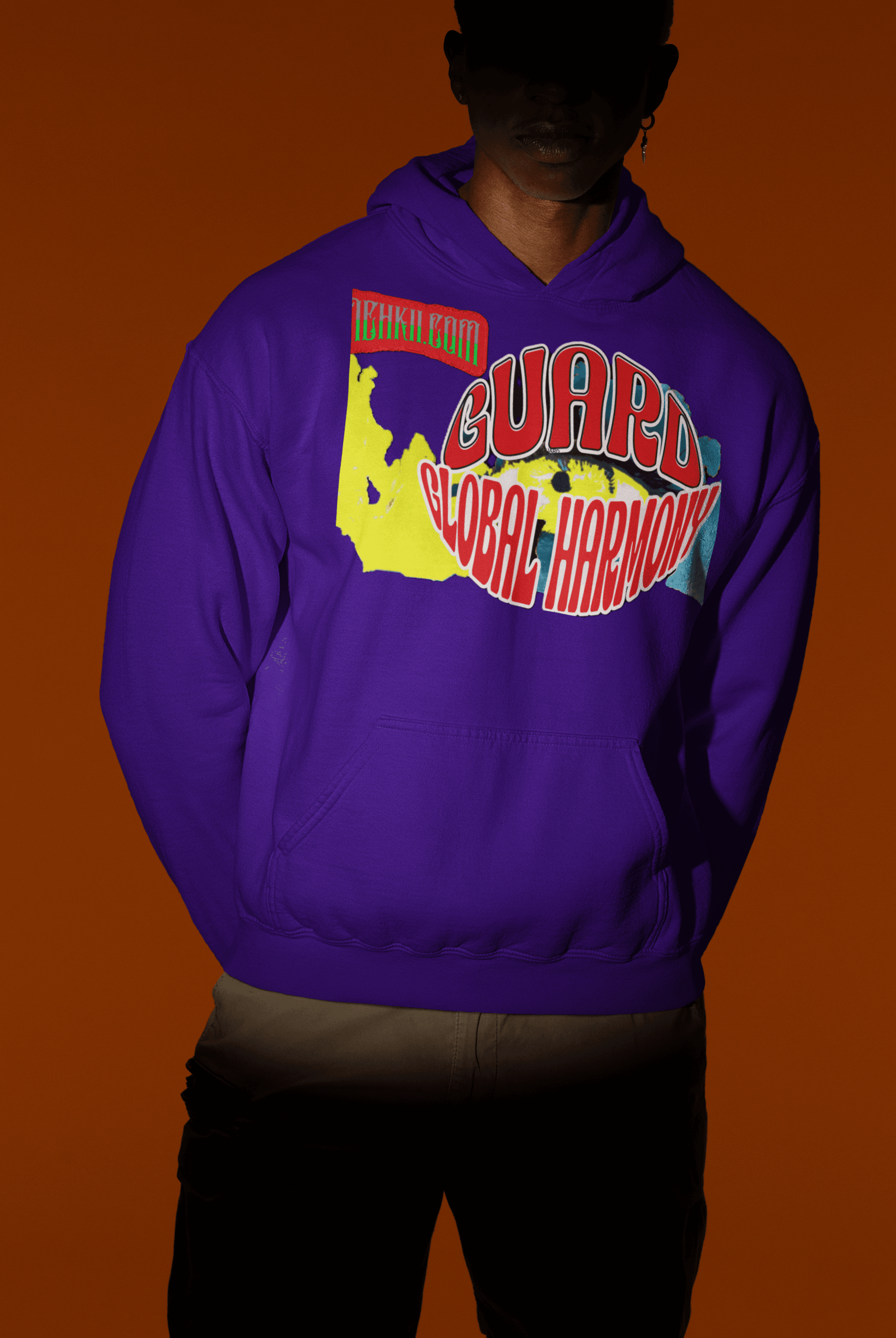 Vibrant violet cotton women’s crop hoodie featuring 'Guard Global Harmony' print, a sustainable streetwear piece for eco-conscious wearers.