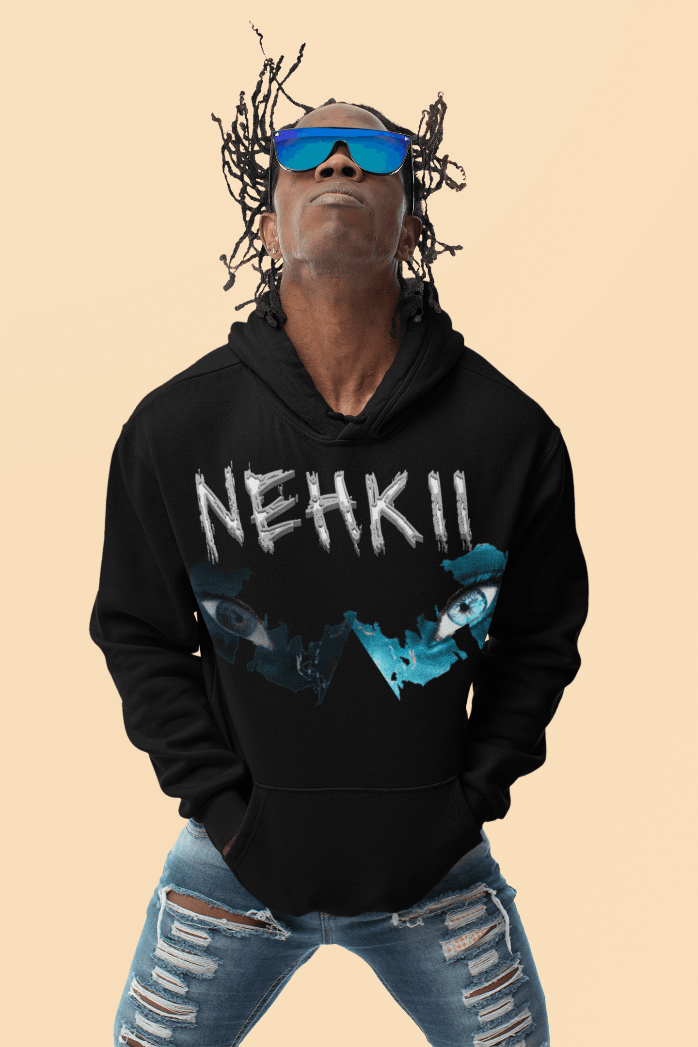 Sacred Ground Hoodie for Men in black with NEHKII graphic print, sustainable cotton hoodie combining streetwear and eco-conscious fashion.