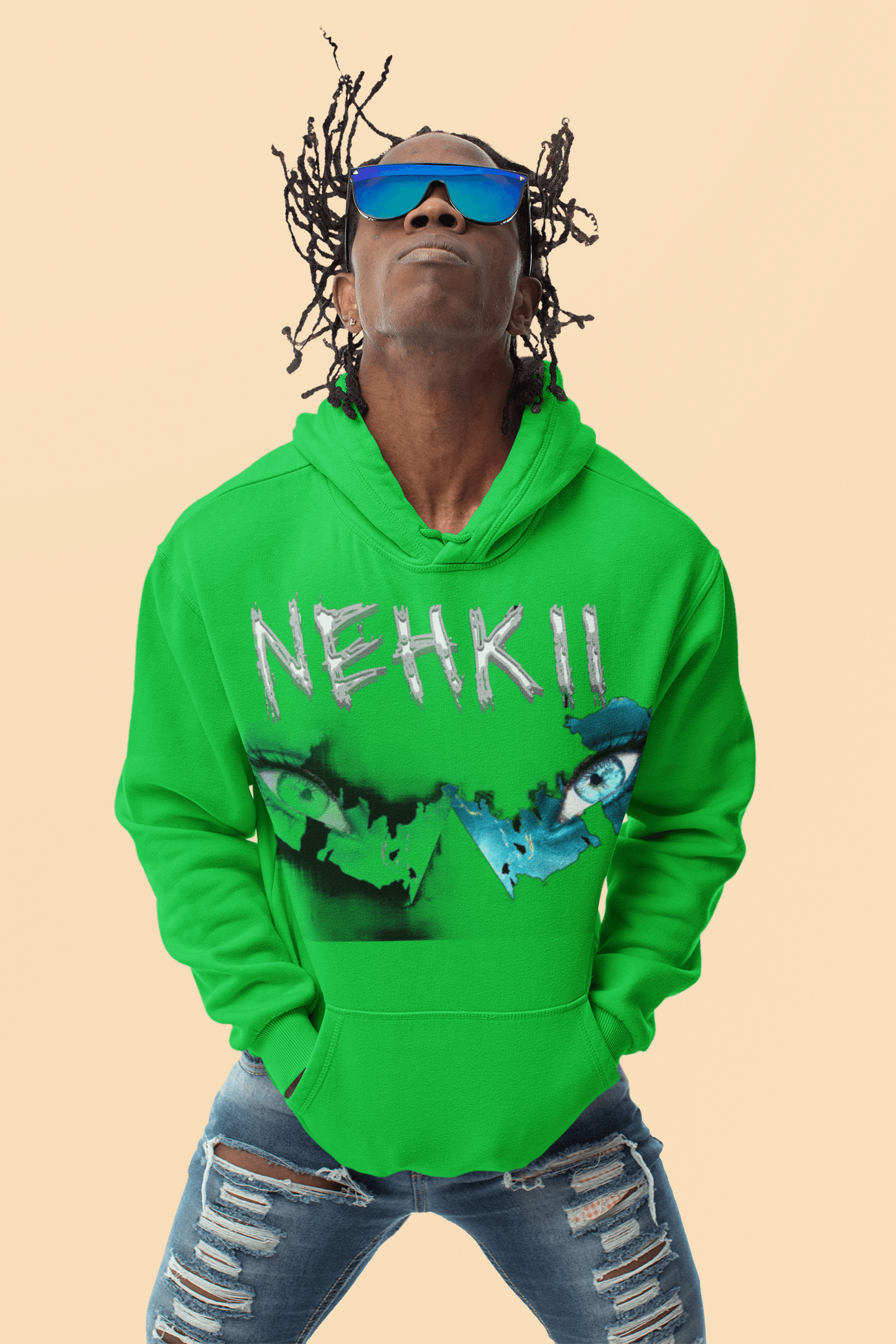 Sacred Ground Hoodie for Men in bright green with NEHKII graphic, eco-friendly cotton hoodie for bold and sustainable streetwear.