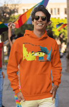 Soft eco-friendly cotton hoodie in vibrant orange with artistic eye and earth graphic, promoting sustainable fashion for men’s streetwear.