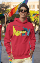 Red eco-friendly cotton hoodie for men with artistic eye and earth design, combining comfort with sustainable fashion values.