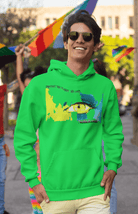 Bright green men’s hoodie made from soft eco-friendly cotton, featuring bold eye and earth artwork for planet-friendly fashion.