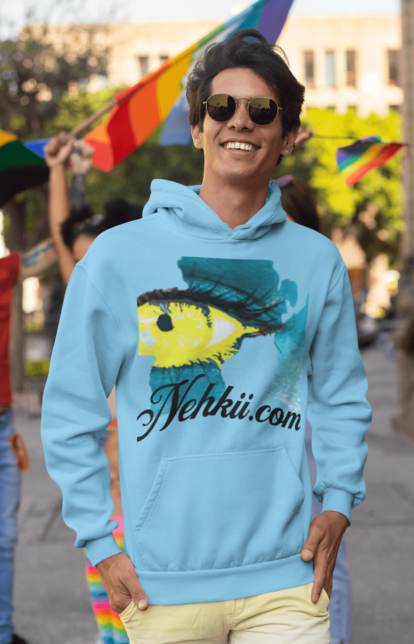 Light blue soft eco-friendly cotton hoodie for men with large eye and brushstroke design, promoting sustainable fashion by Nehkii.com.