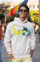 White eco-friendly cotton hoodie for men with colorful eye and earth print, ideal for stylish and sustainable streetwear looks.