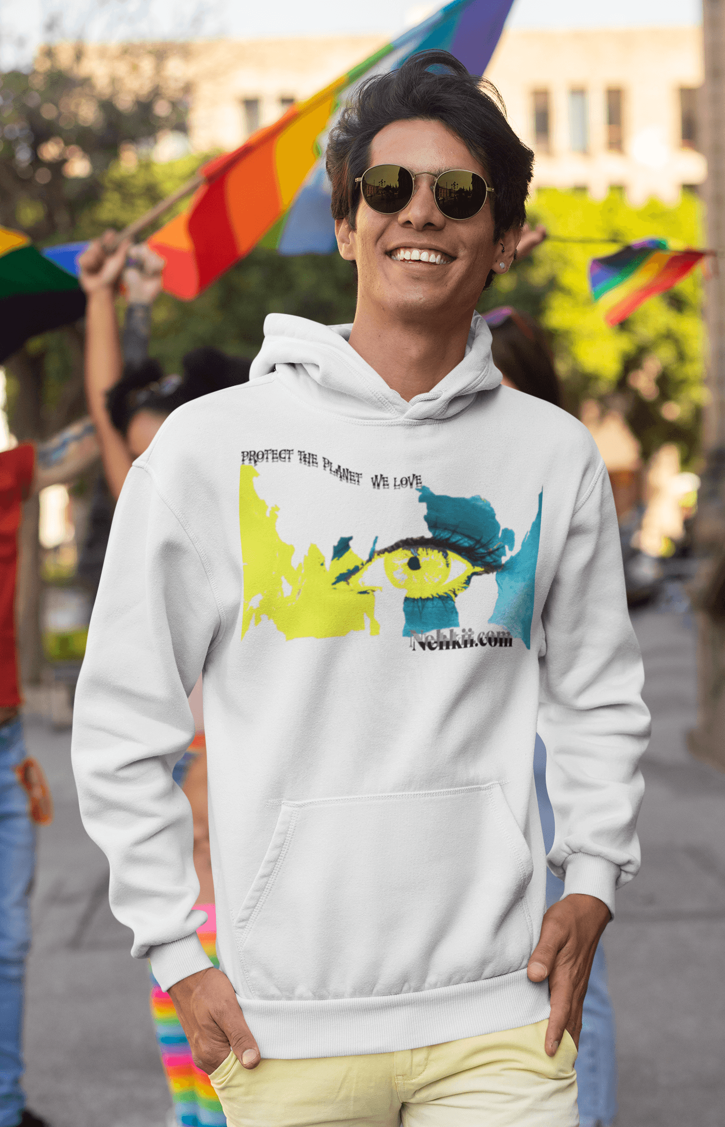 White eco-friendly cotton hoodie for men with colorful eye and earth print, ideal for stylish and sustainable streetwear looks.