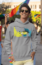 Sustainable softwear men’s hoodie in light gray with colorful eye and earth print, crafted from pure eco-friendly cotton.