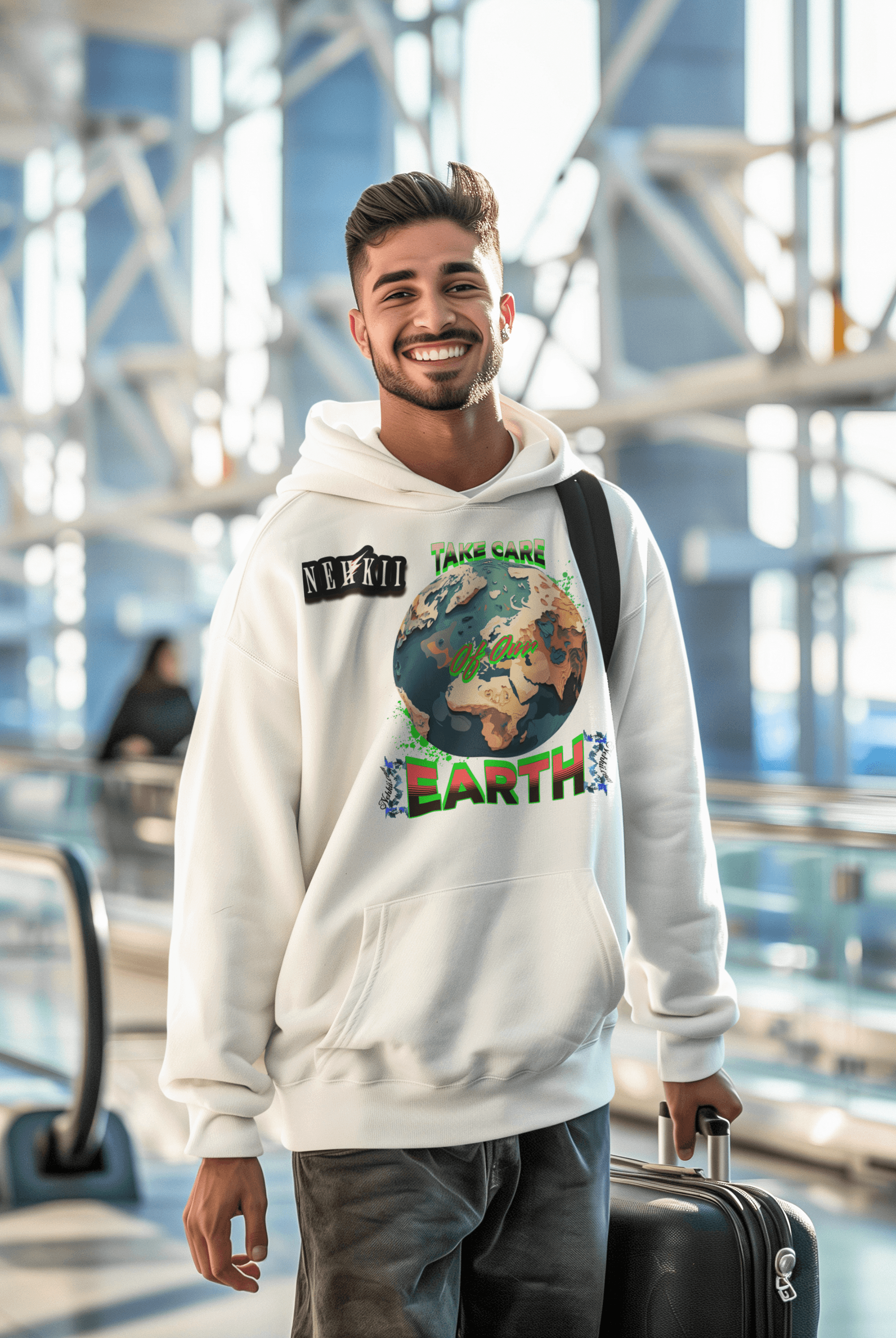 White eco-friendly cotton hoodie with globe design and green message, combining breathable comfort with sustainable fashion appeal.