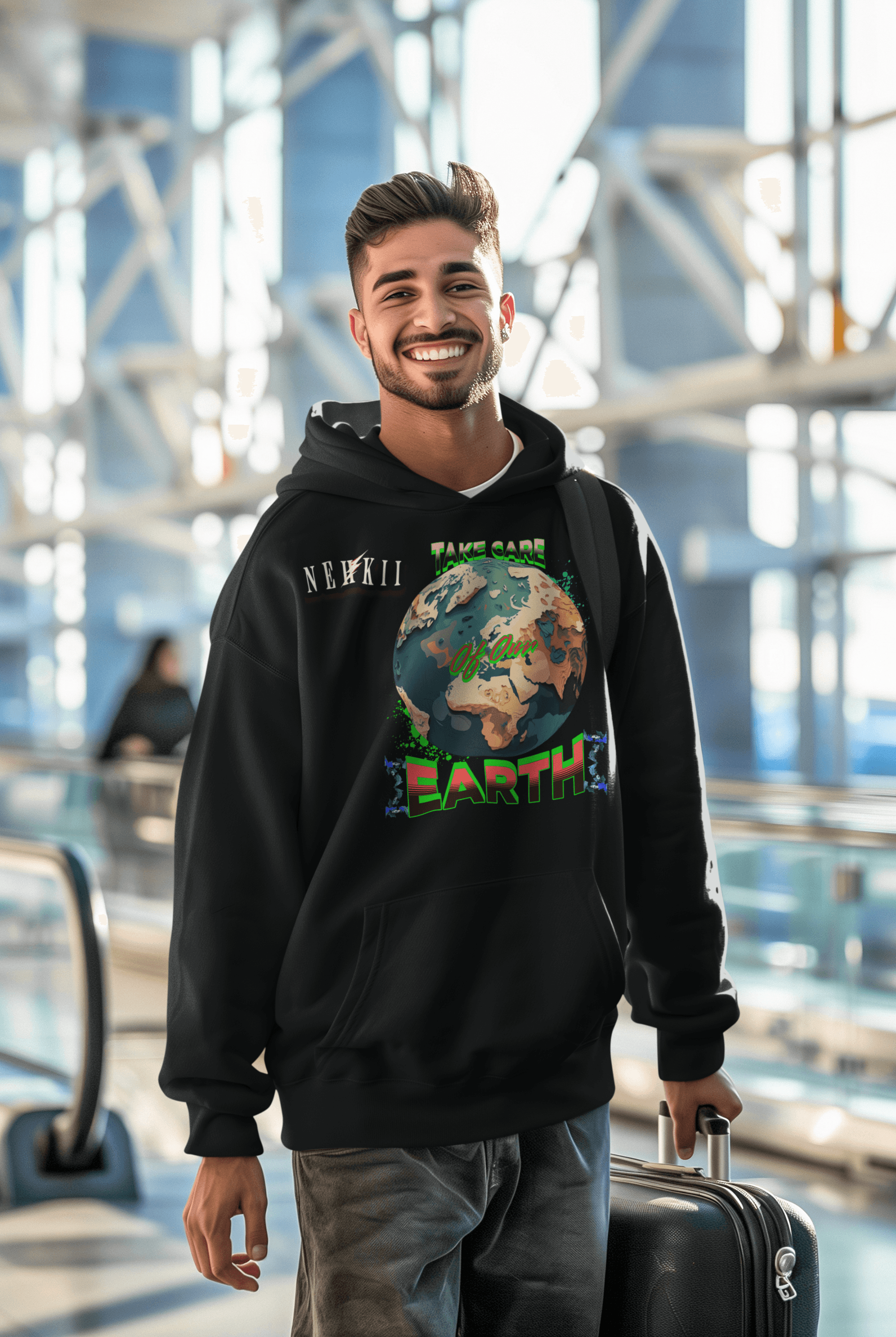 Black eco-friendly cotton hoodie for men with globe design and 'Take Care' slogan, offering breathable comfort and sustainable style.
