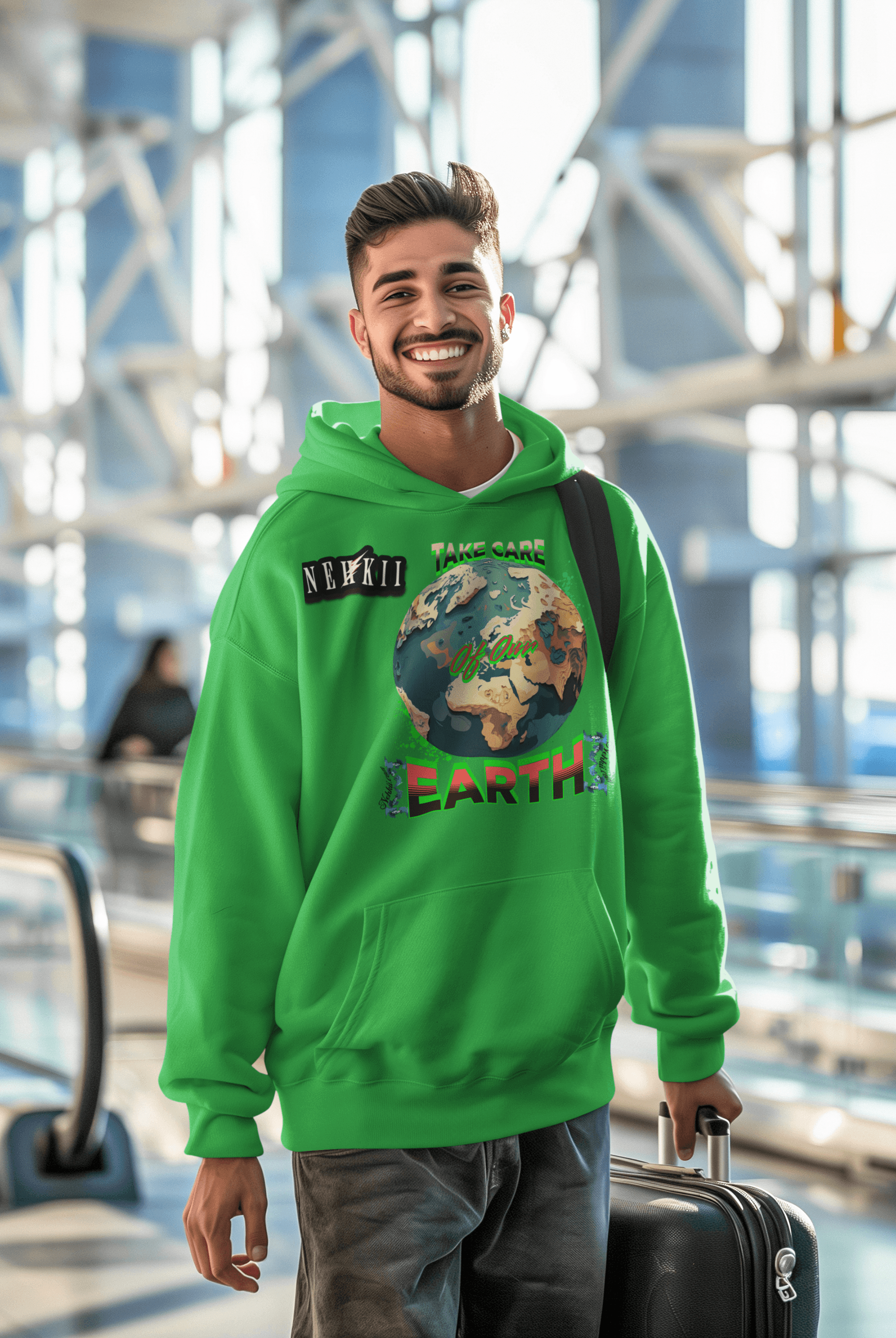 Bright green eco-friendly cotton hoodie for men with Earth-themed print, merging sustainable fashion with breathable comfort.