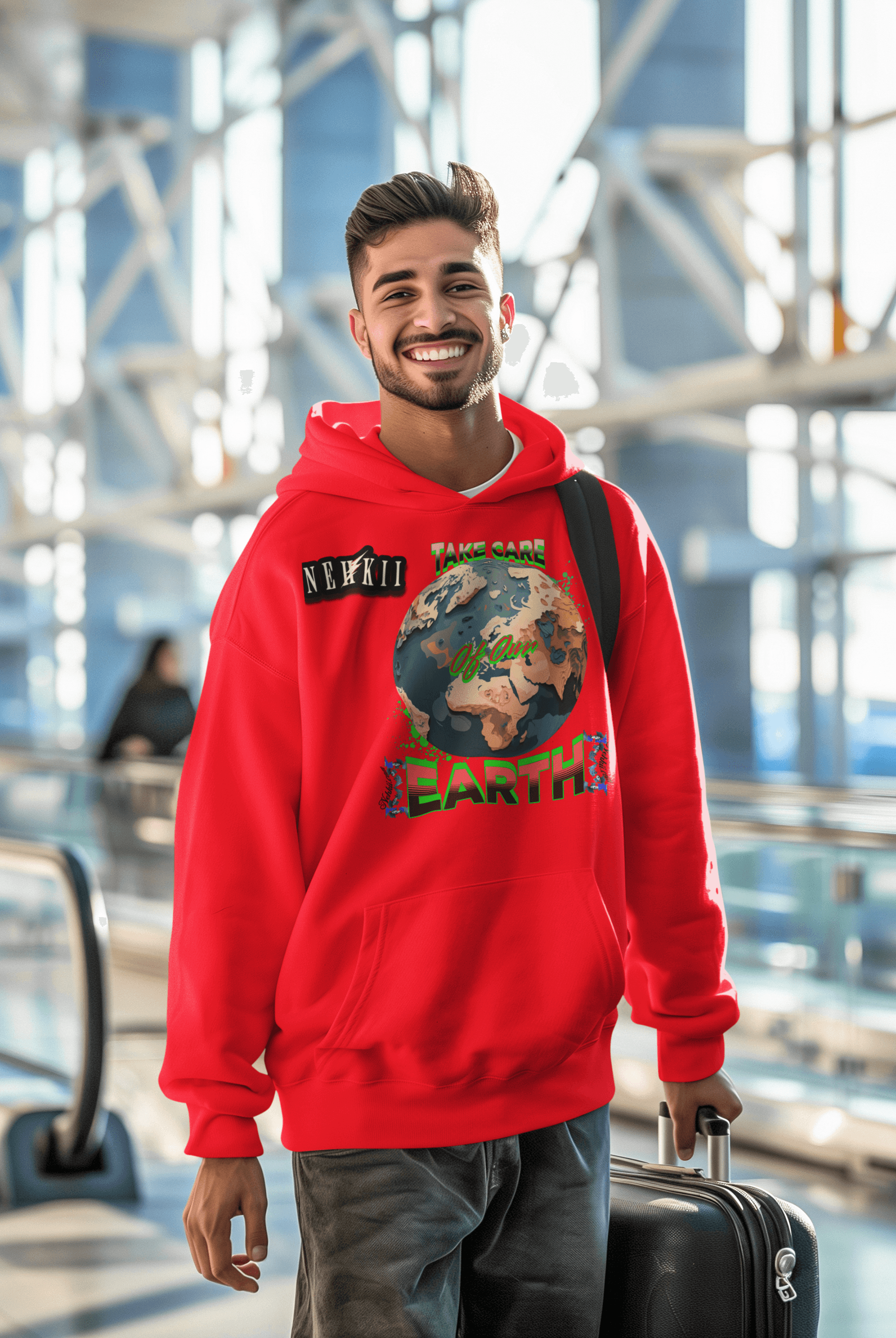 Eco-Friendly Cotton Hoodie in red with Earth graphic and 'Take Care' slogan, ideal for sustainable fashion in men's hoodies category.