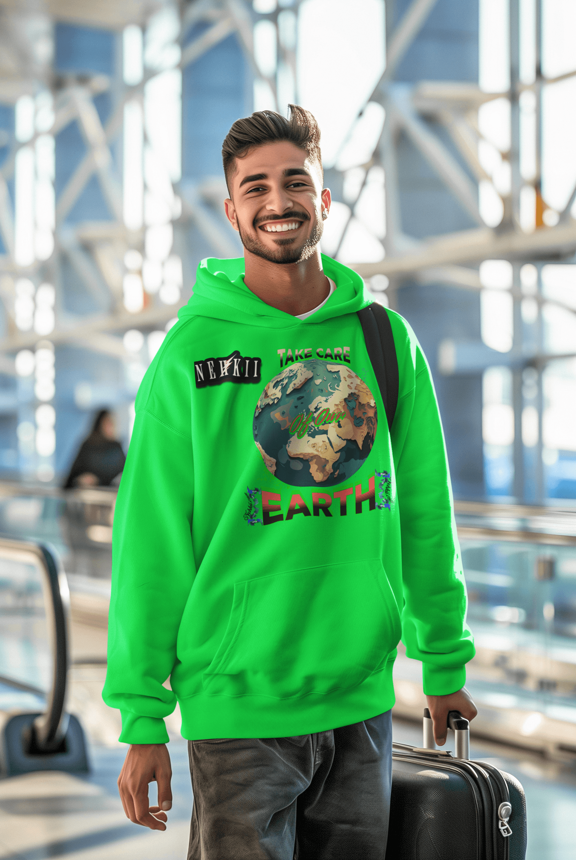 Green men's hoodie made from sustainable cotton, showcasing Earth-themed print and breathable fabric for eco-conscious streetwear.