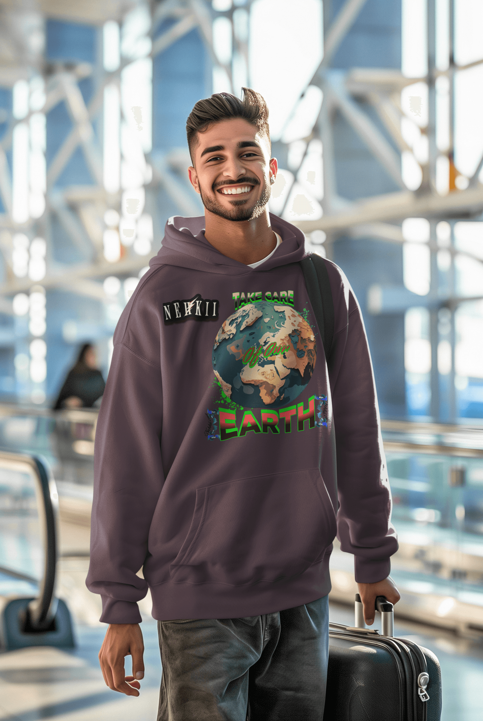 Charcoal brown sustainable cotton hoodie featuring Earth graphic and green message, ideal for breathable and ethical men's apparel.