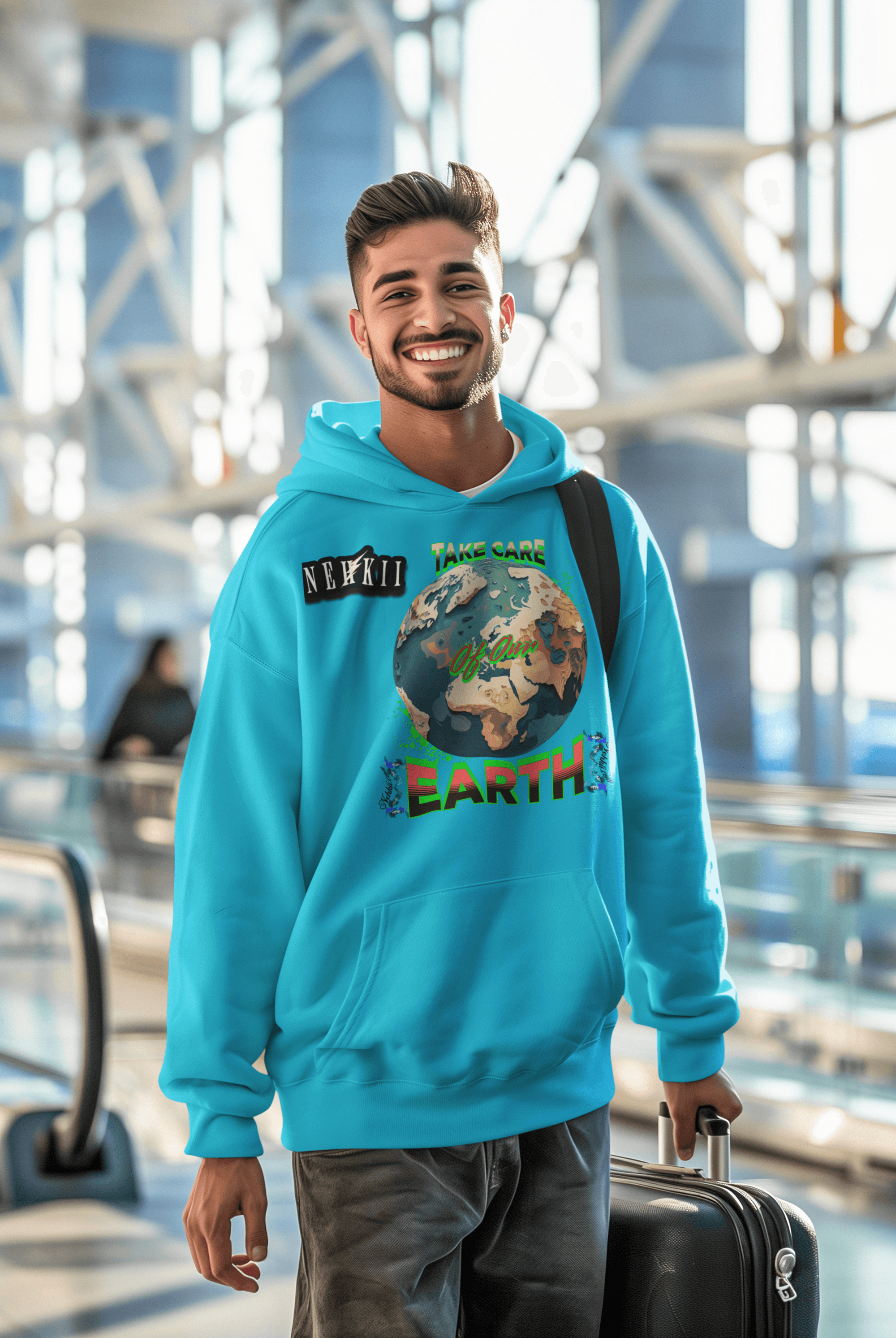 Sky blue eco-friendly cotton hoodie for men with Earth graphic and 'Take Care' text, promoting sustainable cotton fashion.