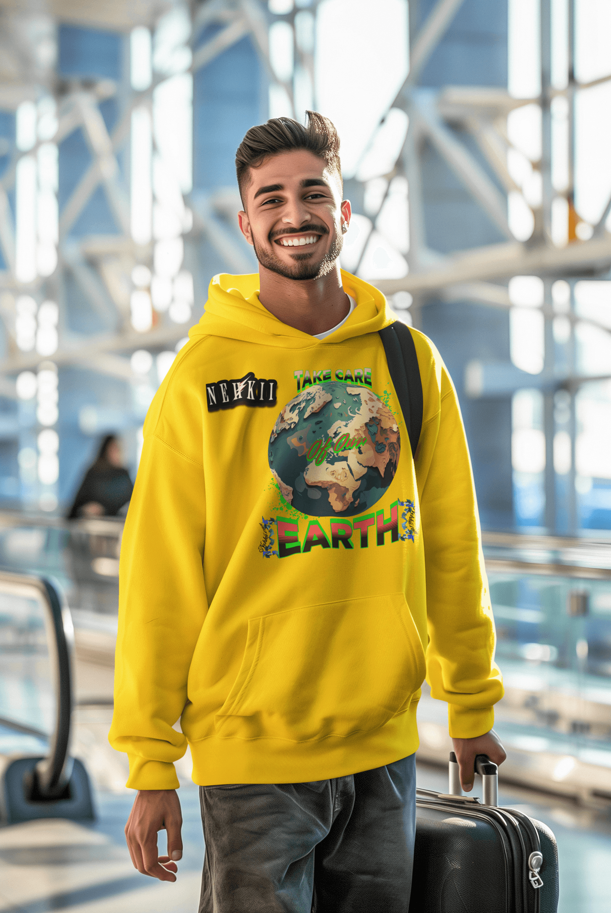 Bright yellow sustainable cotton hoodie for men featuring Earth print and eco-conscious message, perfect for breathable, ethical style.