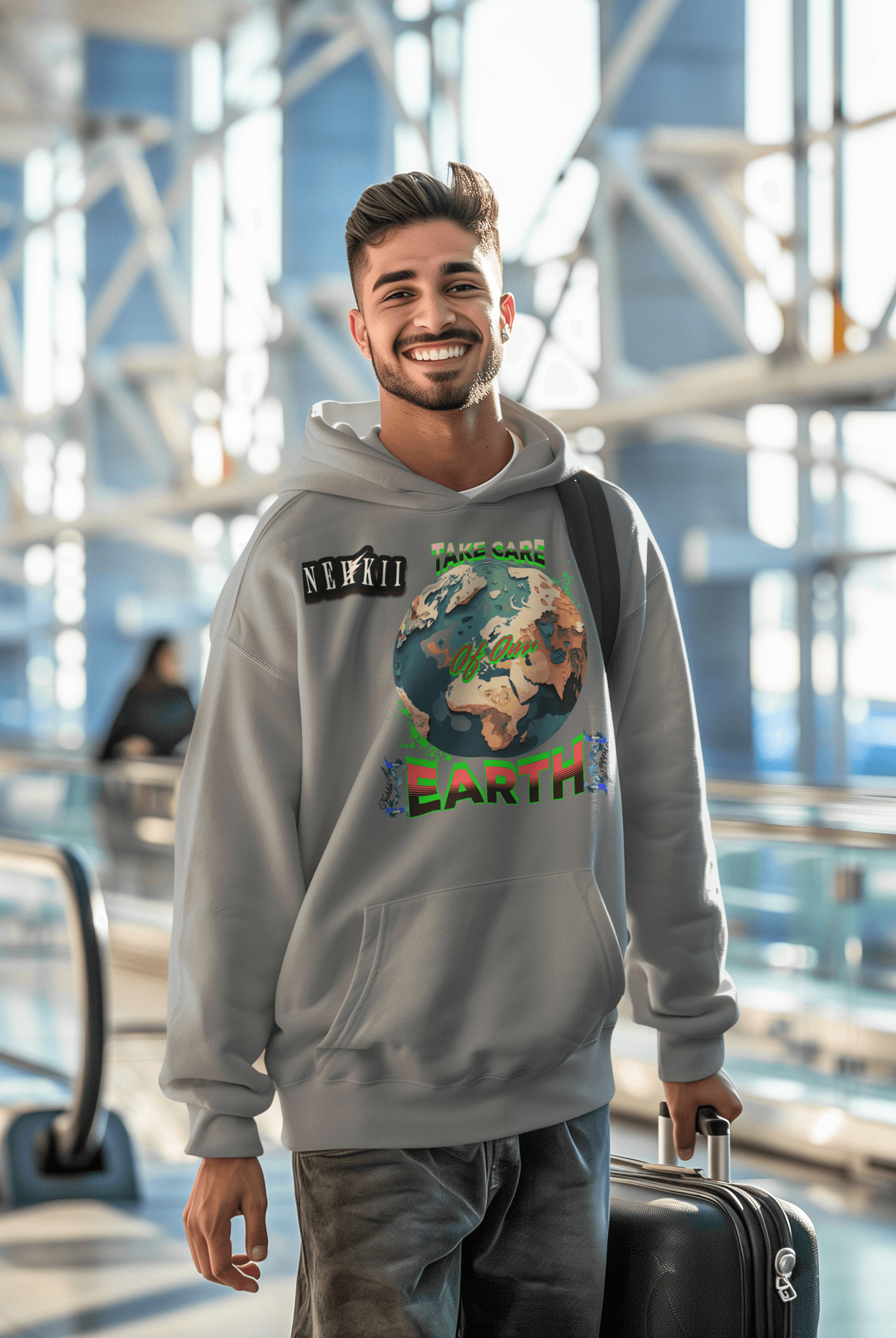 Light grey eco-friendly cotton hoodie with Earth print and sustainability message, perfect for breathable and ethical men's fashion.