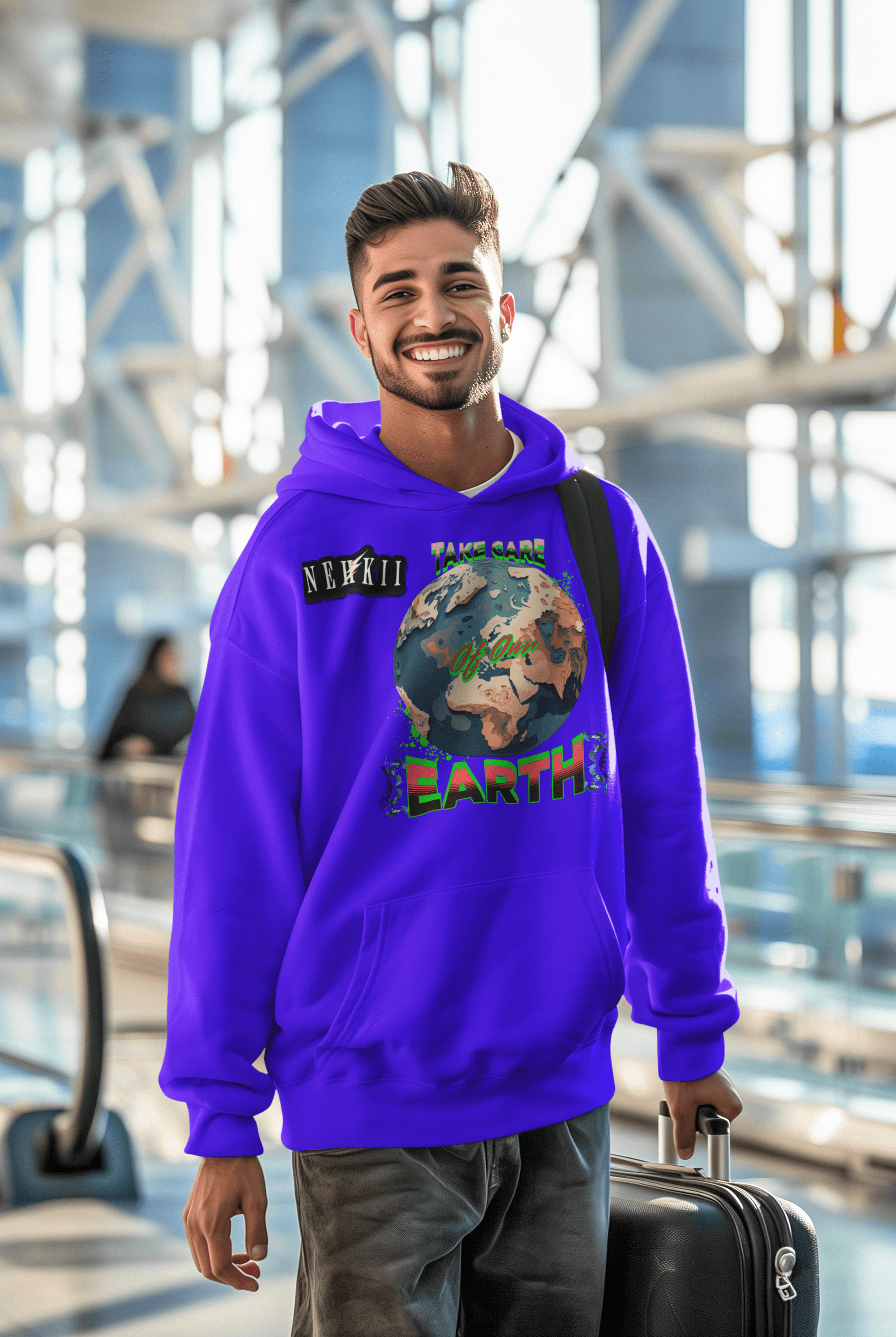 Vibrant purple sustainable cotton hoodie for men featuring Earth artwork and breathable comfort, ideal for eco-conscious wardrobes.