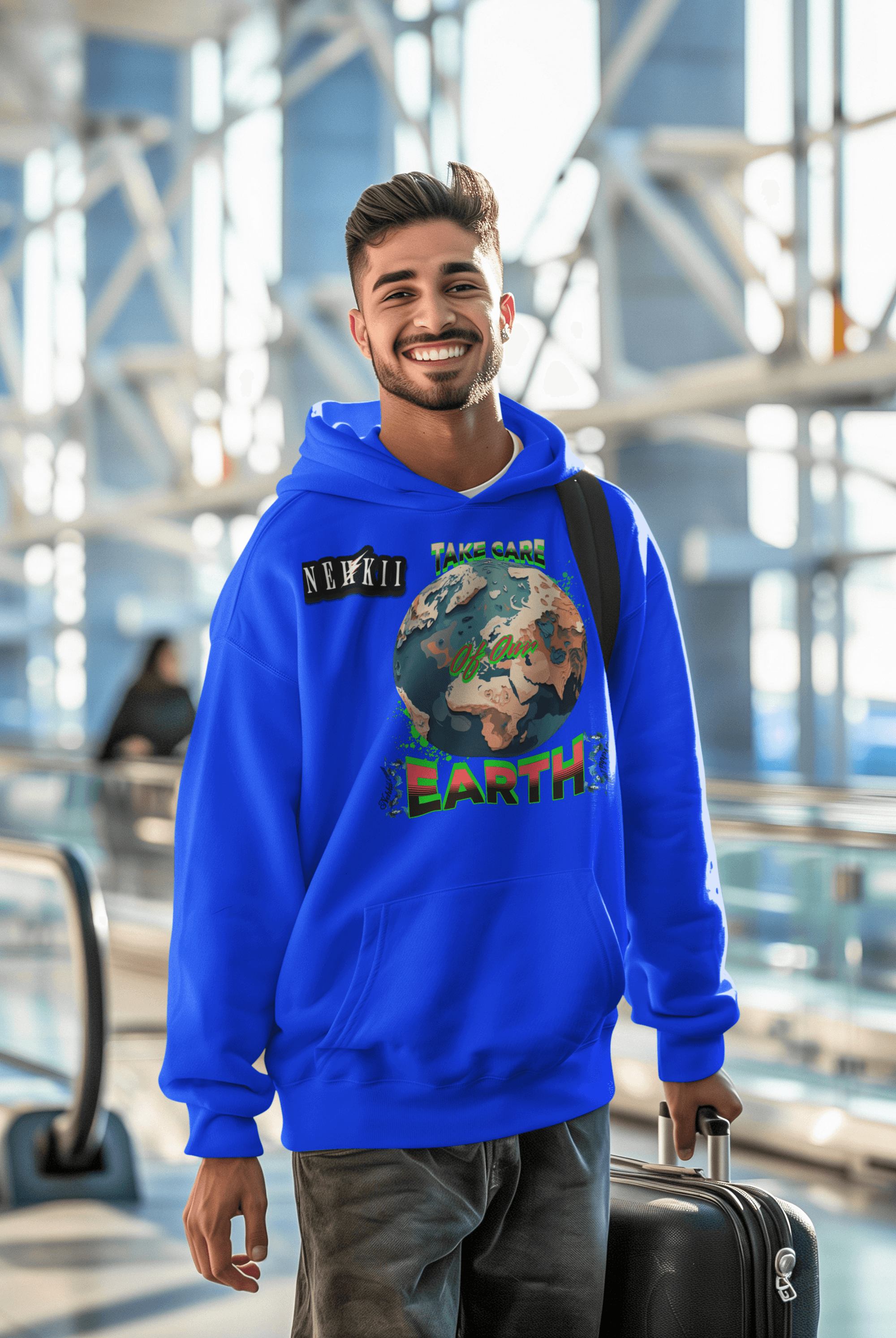 Royal blue men's hoodie crafted from sustainable cotton with Earth design, offering breathable comfort and eco-conscious style.