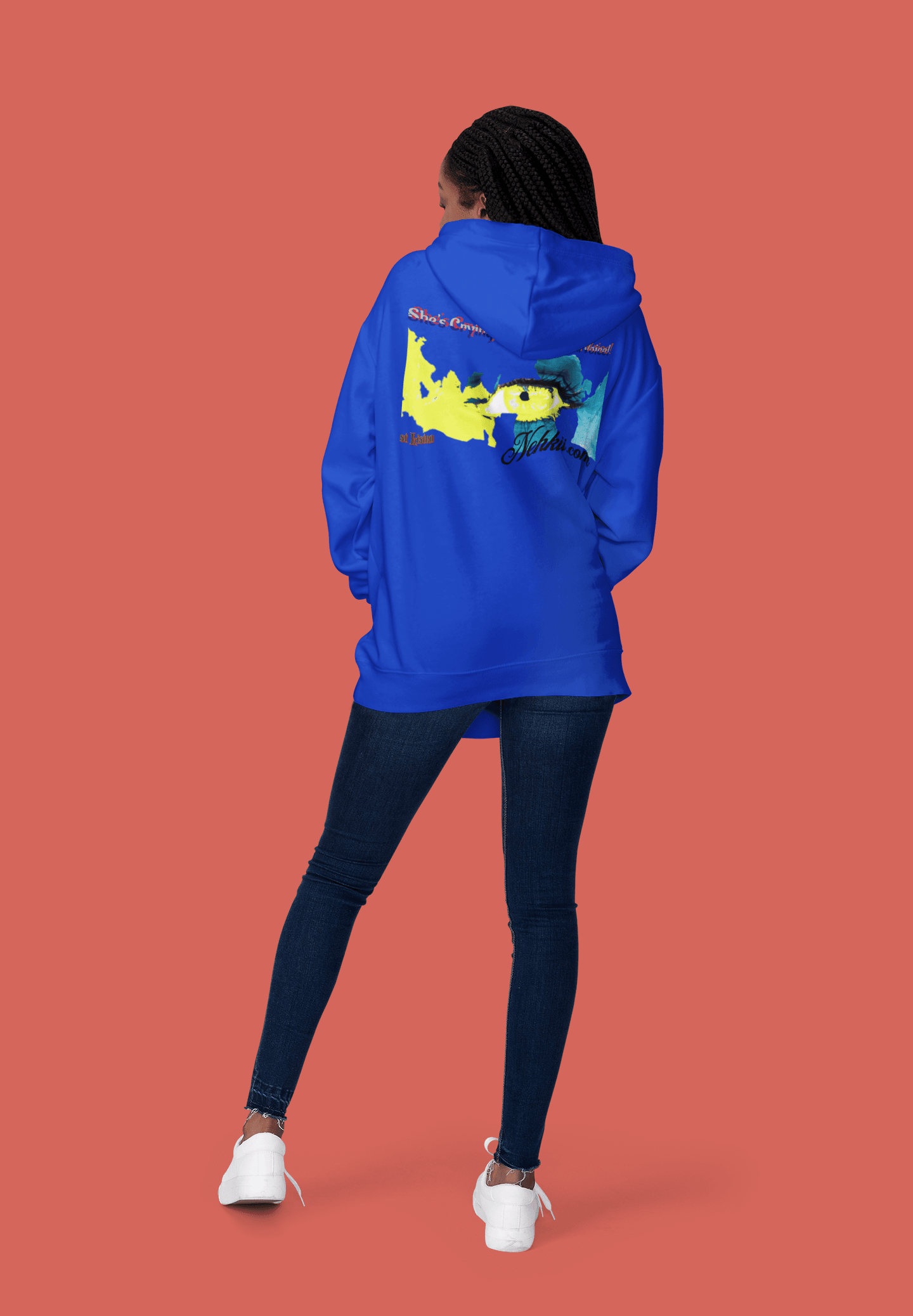 Blue eco-friendly slim fit hoodie for women featuring colorful back artwork. Ideal for layering, activewear, and casual comfort.