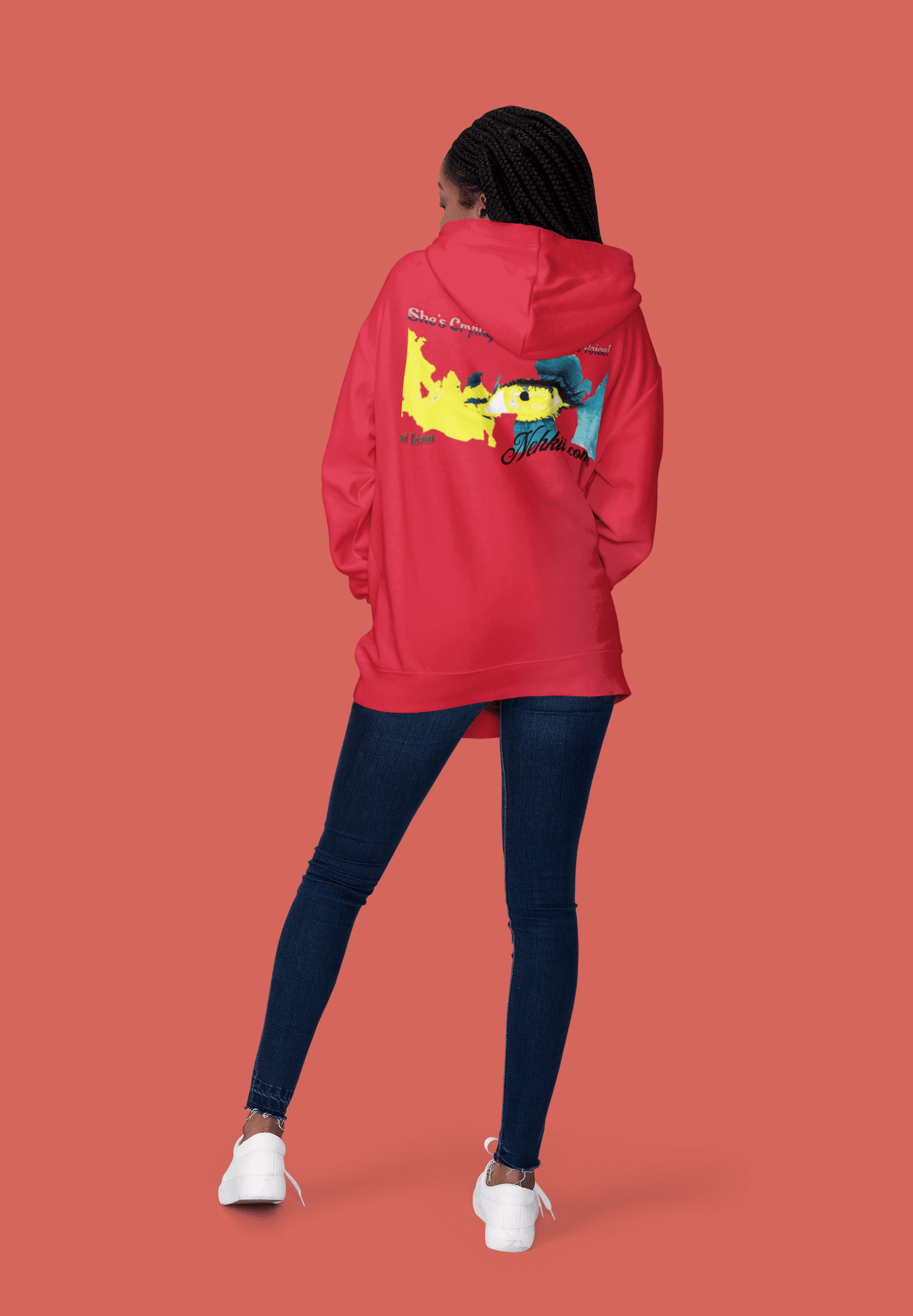Red eco-friendly slim fit hoodie for women with vibrant back graphic. Cozy and stylish for fitness, travel, or everyday wear.