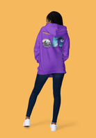 Eco-friendly slim fit women's hoodie in violet with earth-themed back design. Cozy and stylish for active lifestyles and sustainable fashion.
