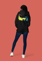 Black eco-friendly slim fit hoodie for women with colorful back print. Flattering fit and breathable fabric for active and casual wear.