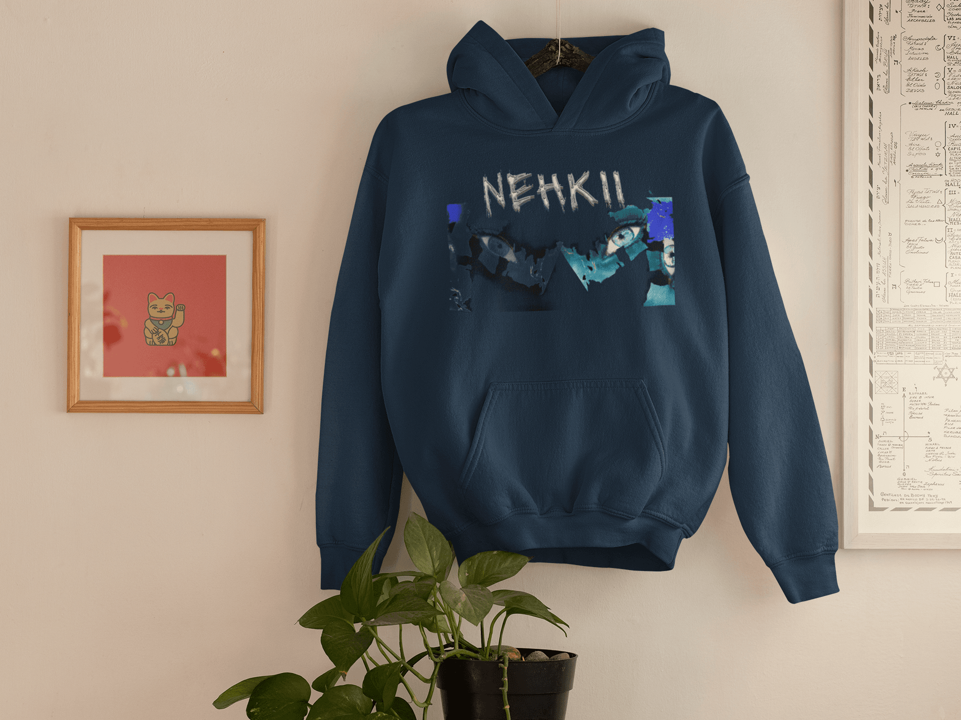 Navy blue men's cotton hoodie with NEHKII graphic, eco-conscious and sustainable fashion made from pure cotton.