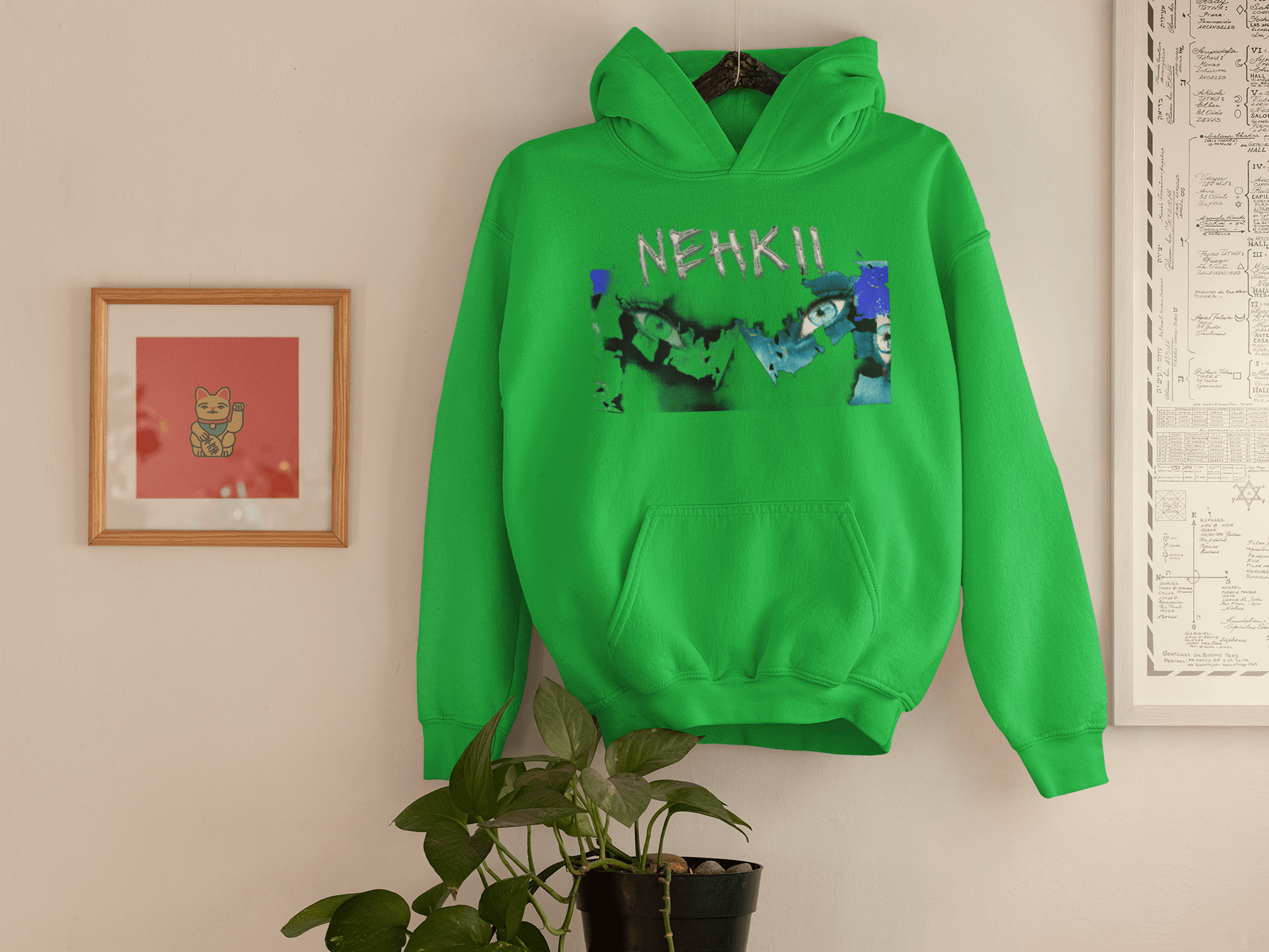 Green eco-friendly men's cotton hoodie with NEHKII graffiti design, sustainable fashion choice made from pure cotton.