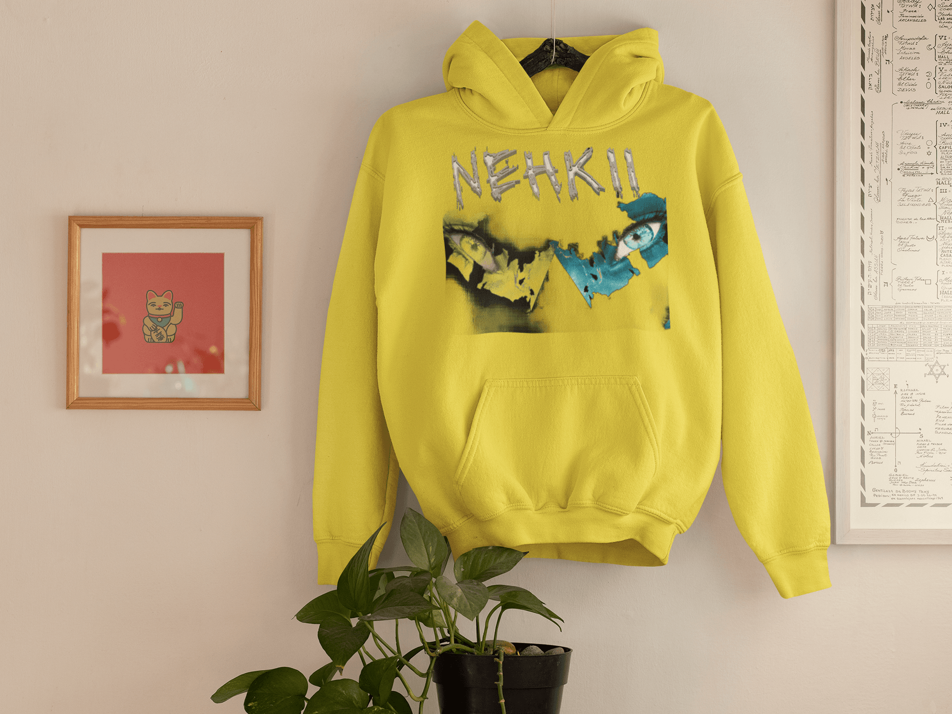 Eco-friendly men's cotton hoodie in bright yellow featuring NEHKII street art design, sustainable and durable apparel choice.