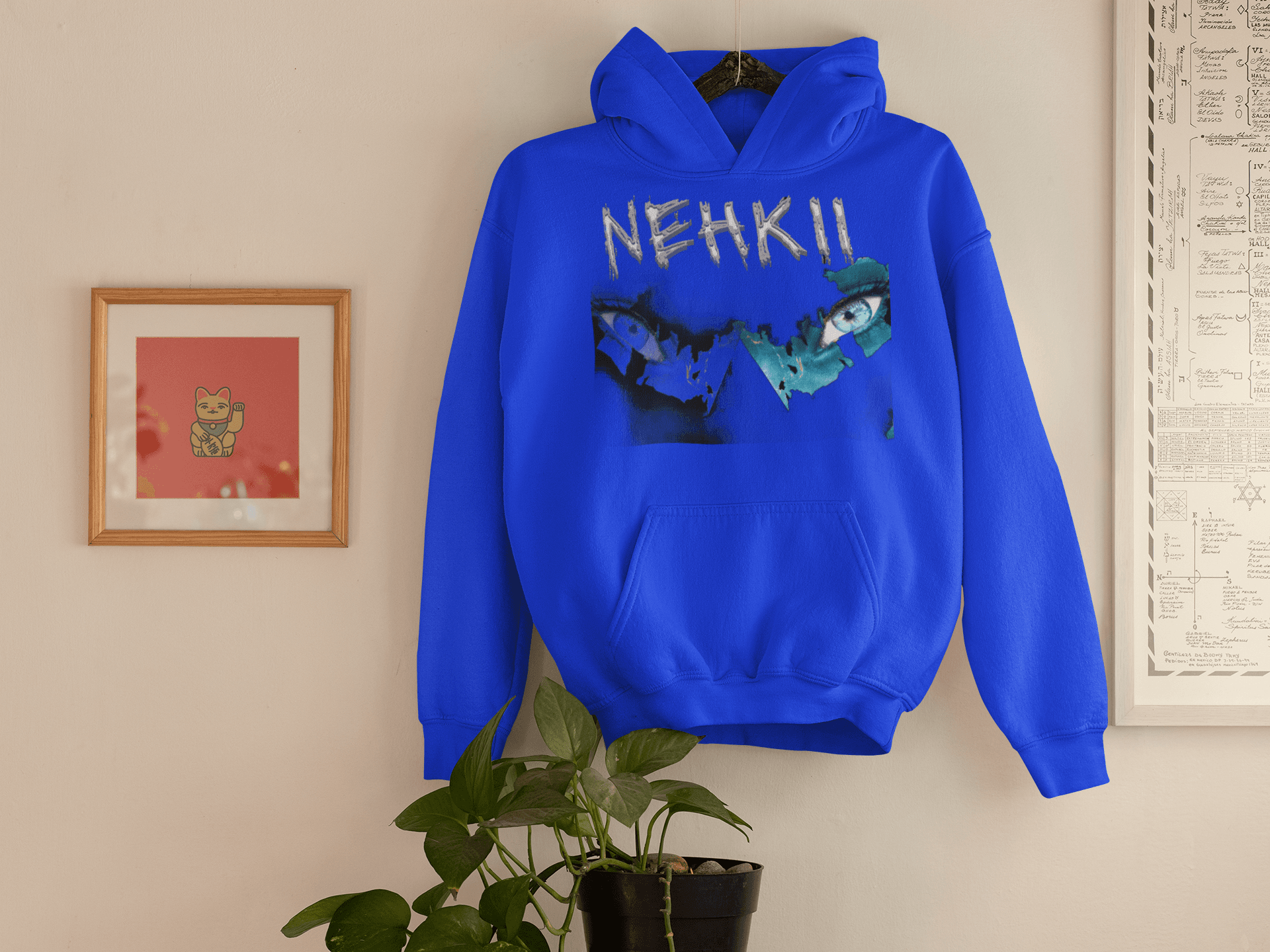 Men's cotton hoodie in royal blue with NEHKII graffiti-style print, eco-friendly and sustainable fashion for casual wear.