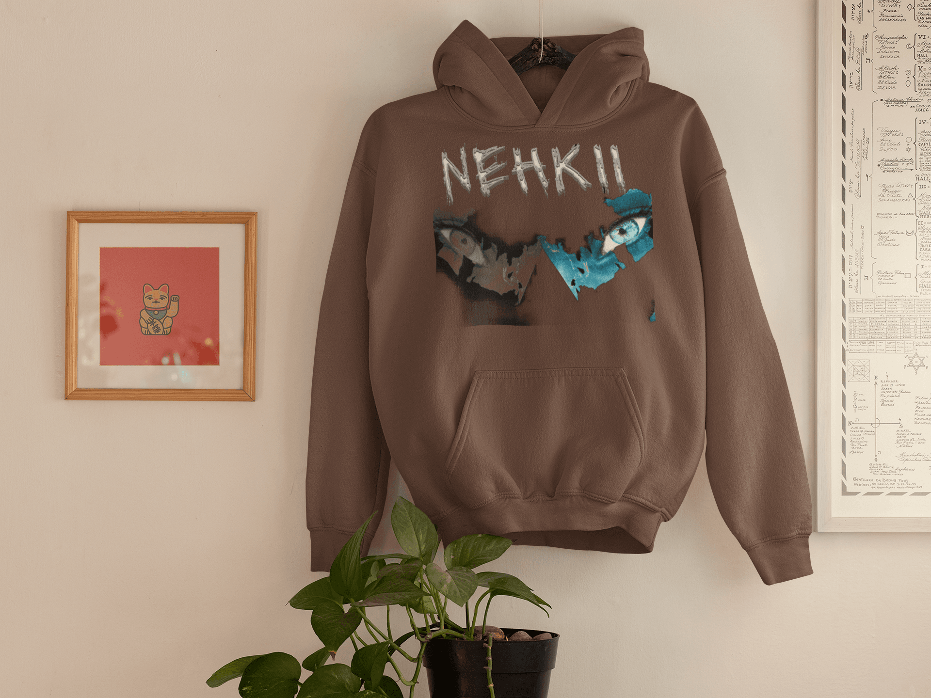 Brown eco-friendly men's cotton hoodie with NEHKII print, sustainable and durable streetwear made from pure cotton.