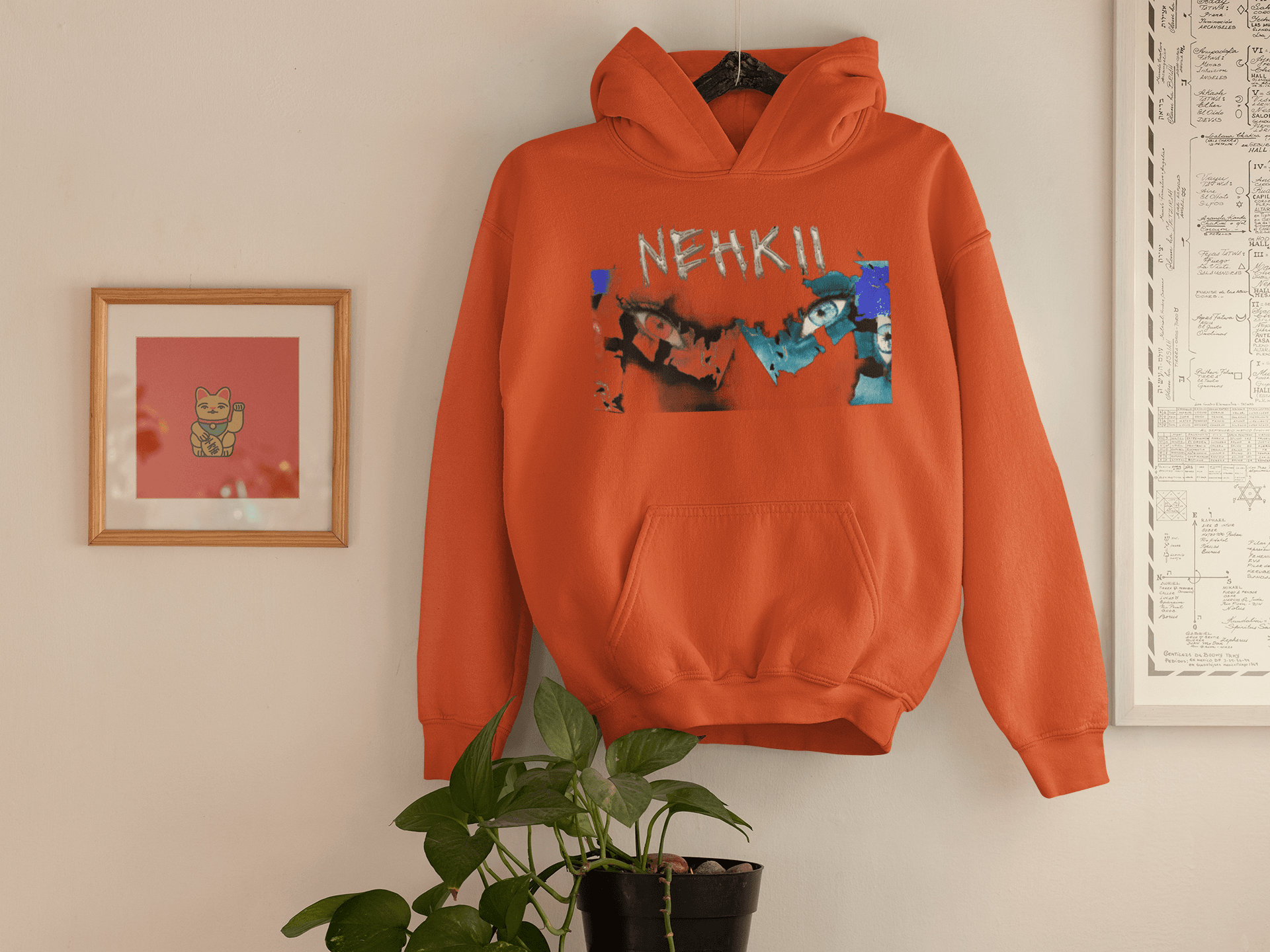 Orange eco-friendly men's hoodie with NEHKII street art print, made from durable pure cotton for sustainable fashion.