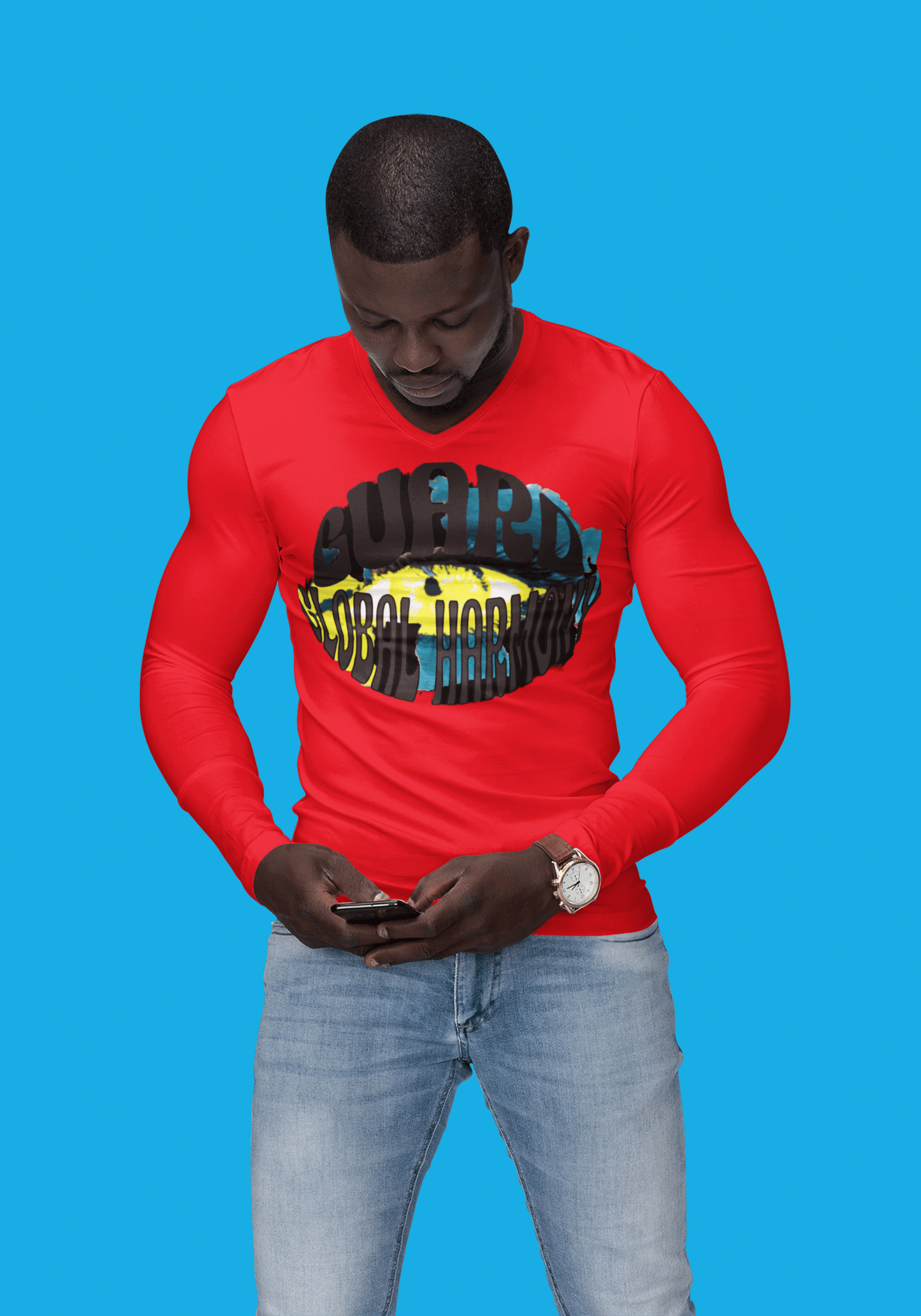 Red men’s long sleeve t-shirt with 'Guard Dubai Harbor' design, combining bold color and comfort for everyday fashion.