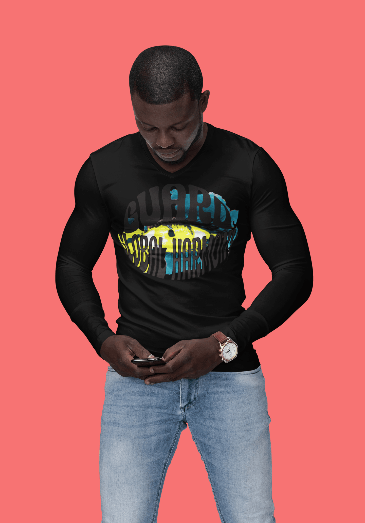 Black men’s long sleeve t-shirt with colorful 'Guard Dubai Harbor' print, a sleek and versatile top for casual styling.