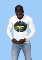 White men’s long sleeve t-shirt with graphic 'Guard Dubai Harbor' design, offering a clean look for modern casual wear.