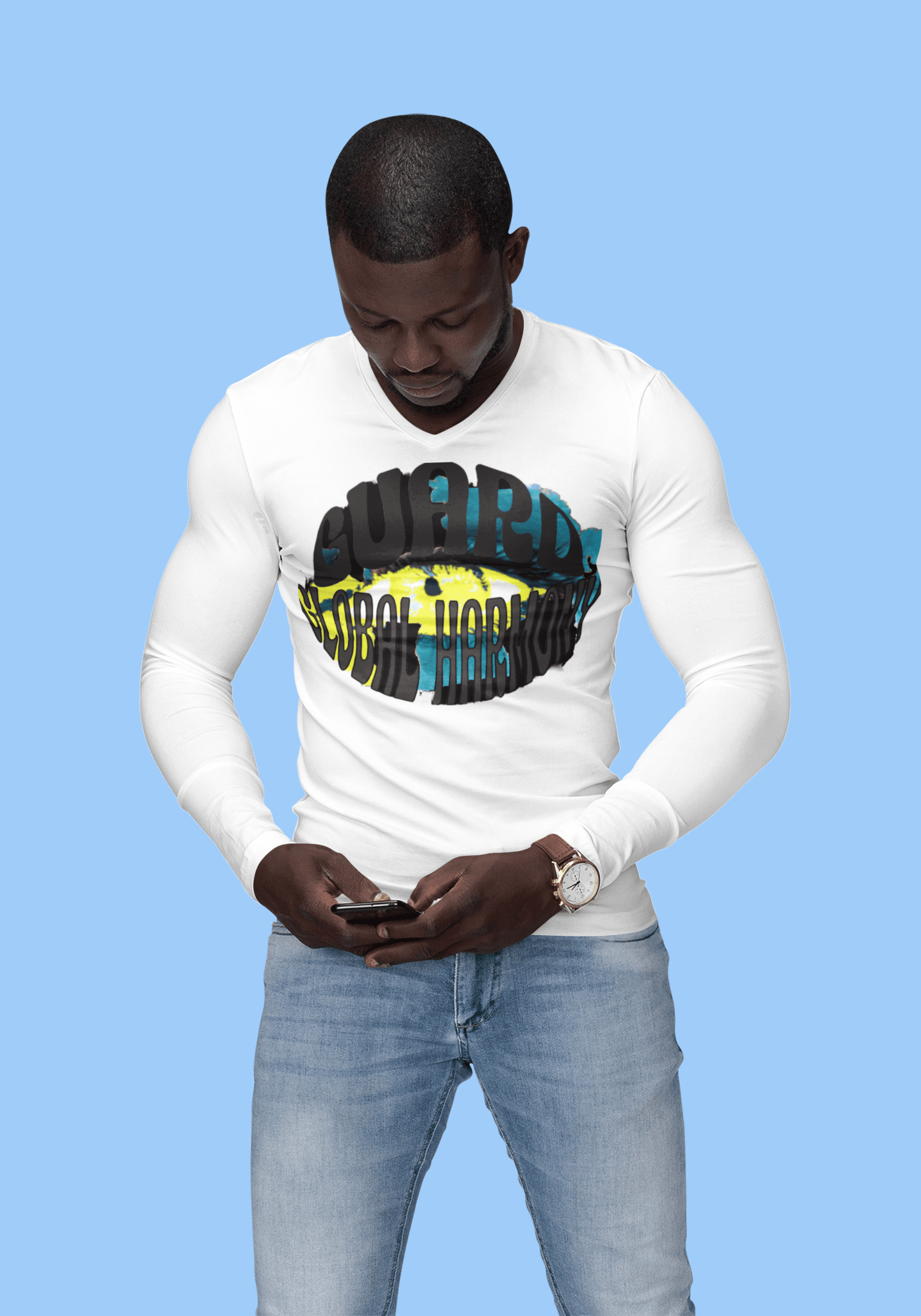 White men’s long sleeve t-shirt with graphic 'Guard Dubai Harbor' design, offering a clean look for modern casual wear.