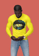 Bright yellow men’s long sleeve t-shirt featuring 'Guard Dubai Harbor' print, perfect for vibrant streetwear and casual outfits.